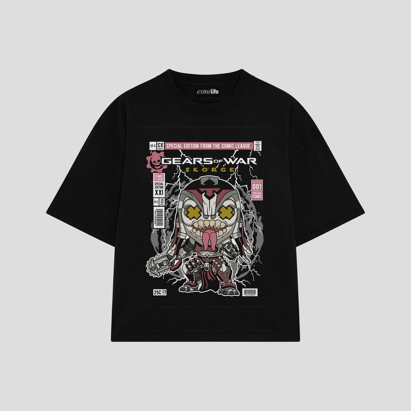 Playera streetwear premium de anime y gaming ExtraLife MX, corte boxy oversized drop shoulder heavyweight en color Deep Black y Off-White, moda urbana mexicana de culto.