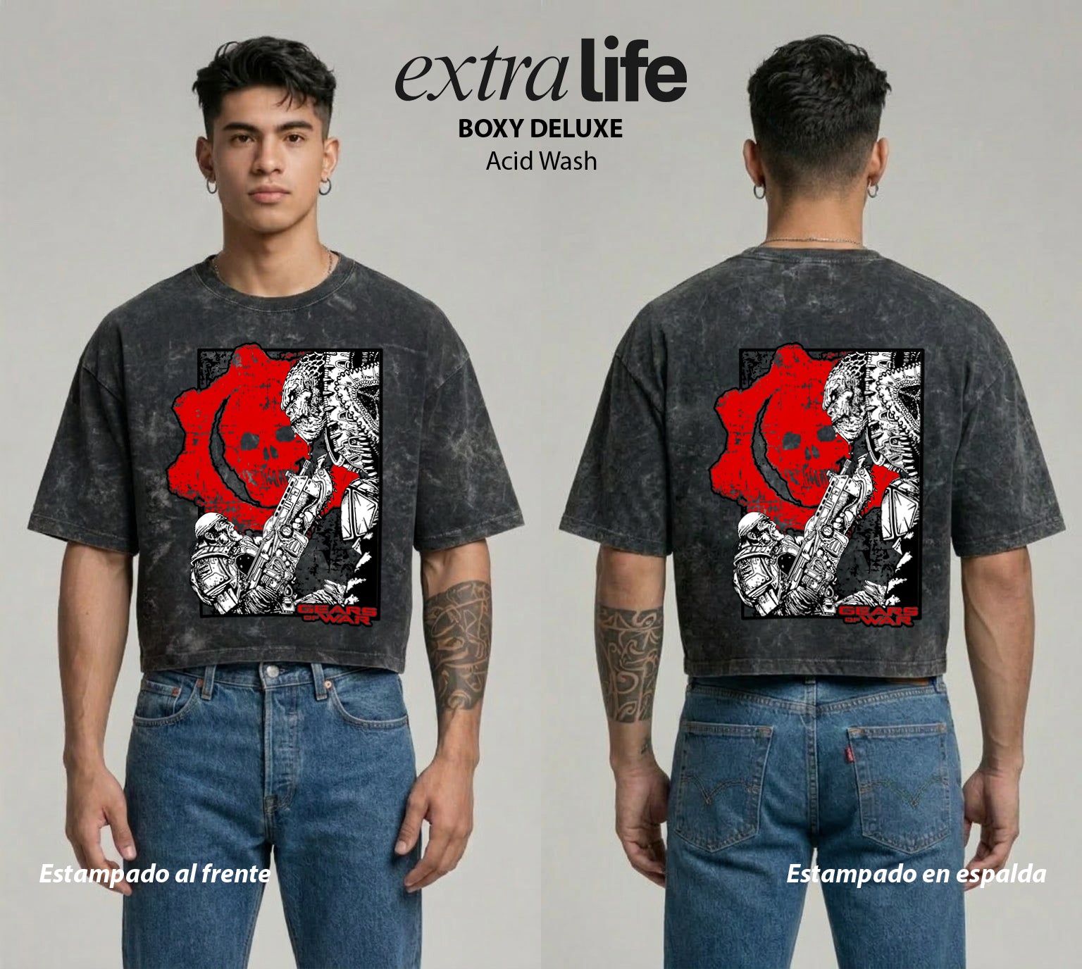Playera streetwear premium de anime y gaming ExtraLife MX, corte boxy deluxe mineral wash heavyweight en color Acid Wash, moda urbana mexicana de culto.