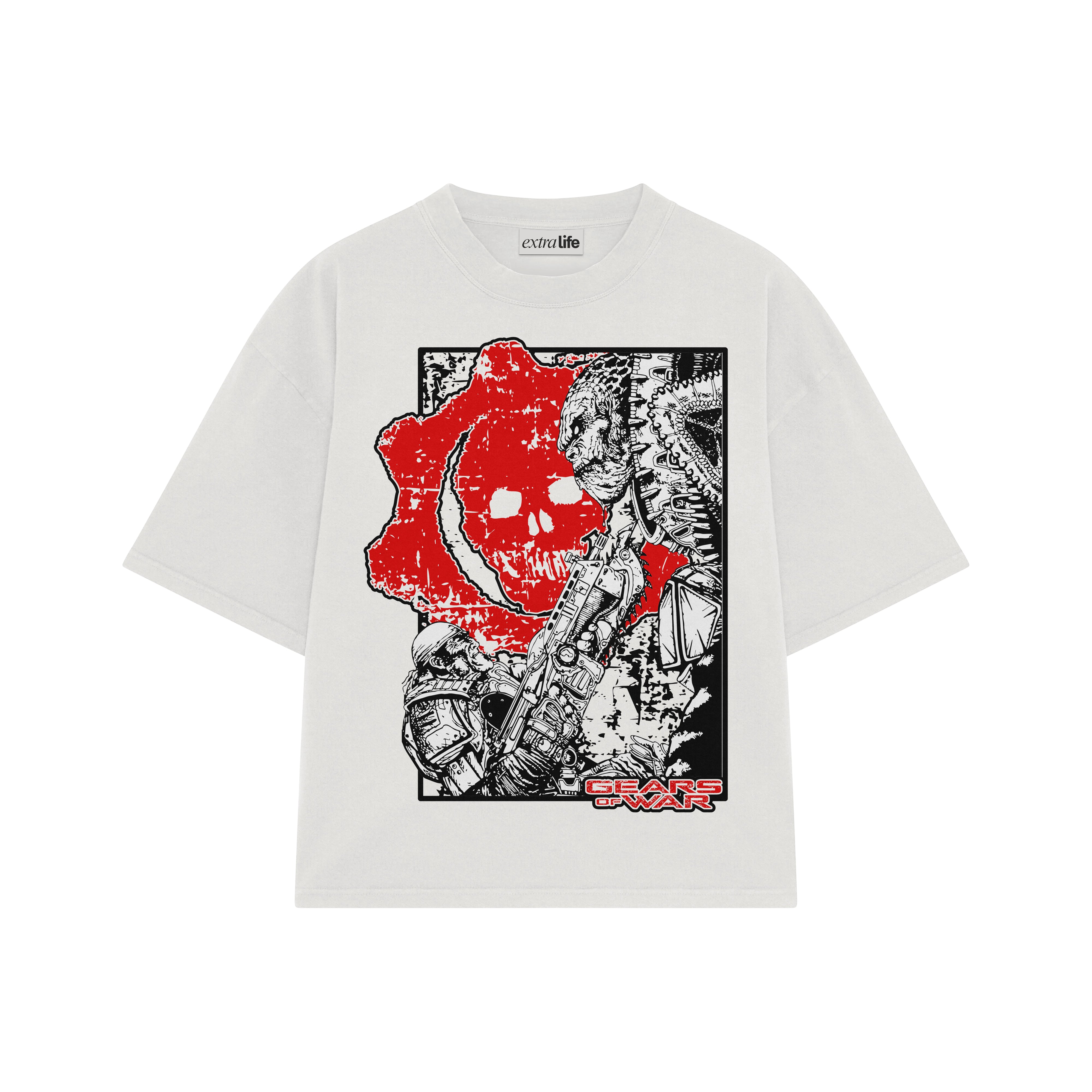 Playera streetwear premium de anime y gaming ExtraLife MX, corte boxy oversized drop shoulder heavyweight en color Deep Black y Off-White, moda urbana mexicana de culto.