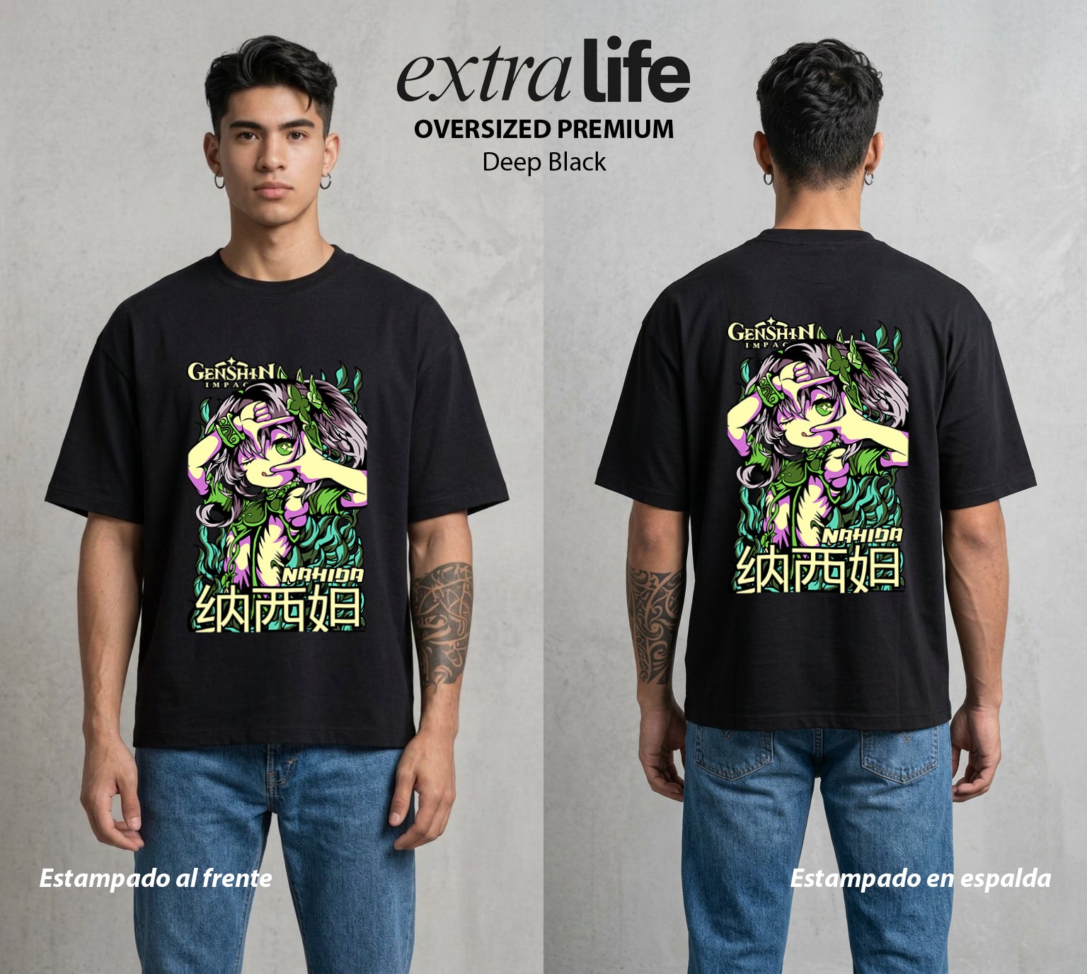 Los Viajeros del Teyvat | La Diosa de la Sabiduria #01522 - Playera Oversized Premium | Deep Black - Foto en modelo