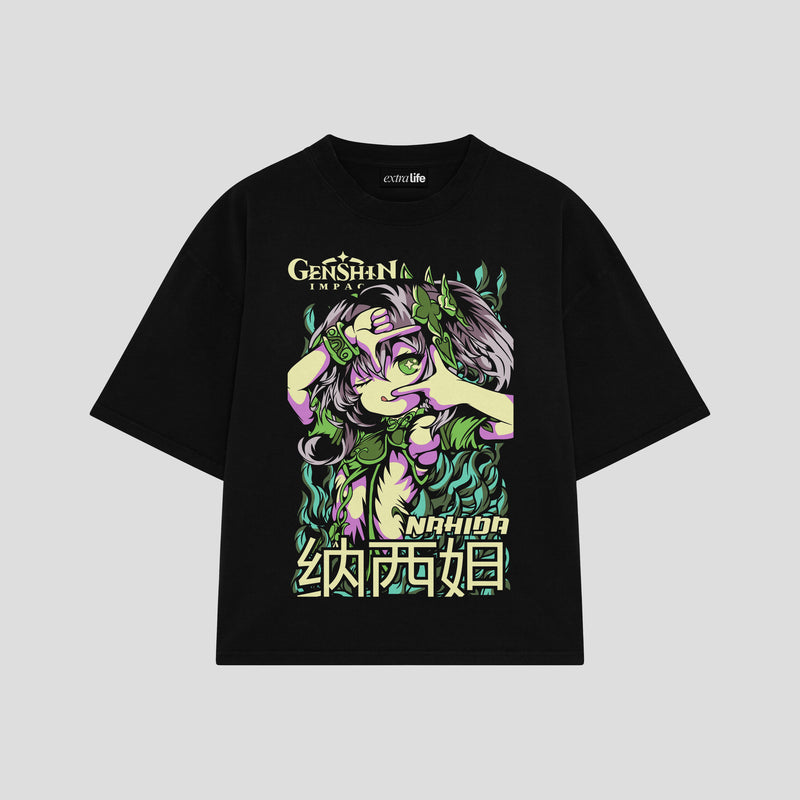 Playera streetwear premium de anime y gaming ExtraLife MX, corte boxy oversized drop shoulder heavyweight en color Deep Black y Off-White, moda urbana mexicana de culto.