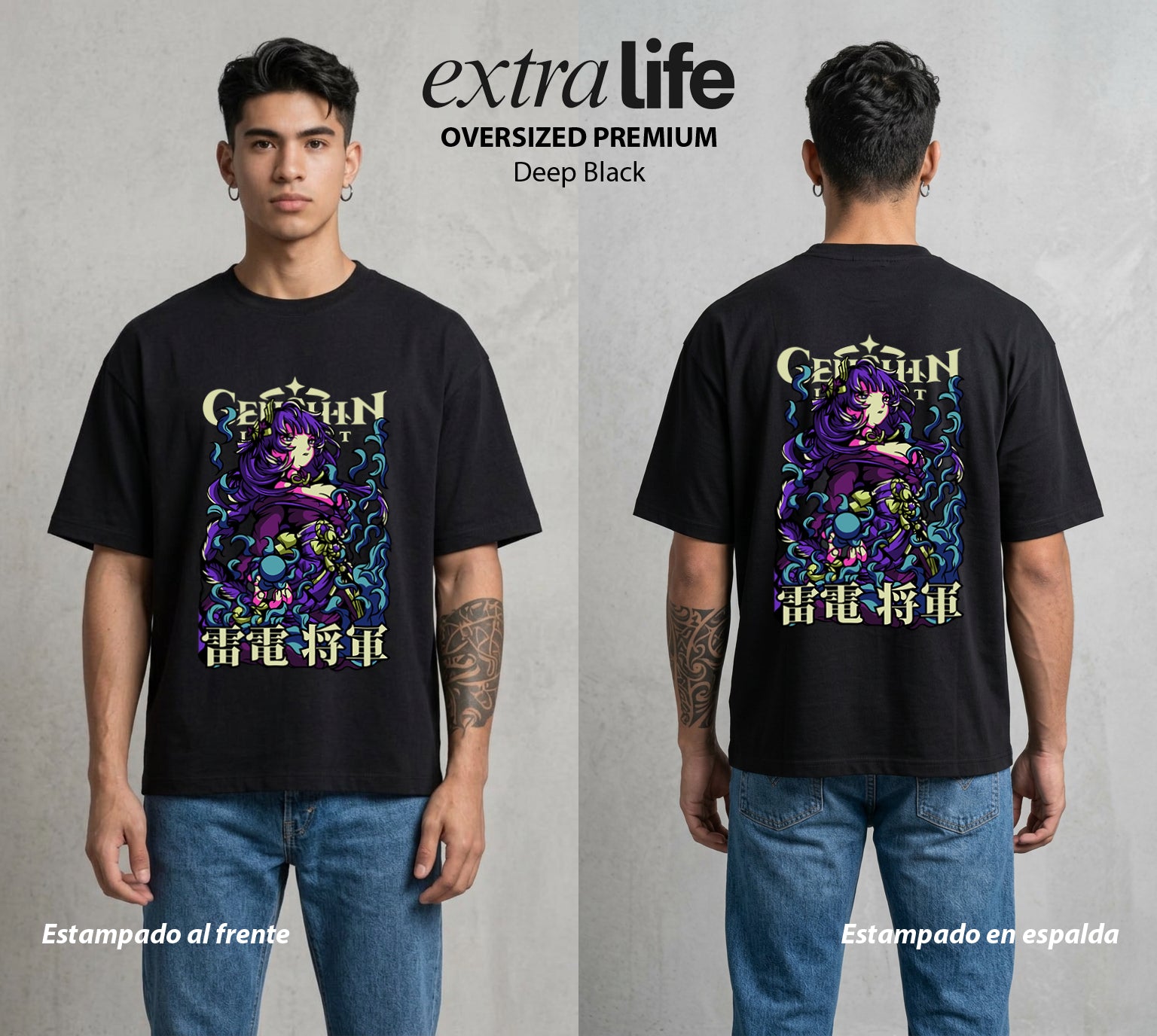 Los Viajeros del Teyvat | El Shogun del Eterno #01523 - Playera Oversized Premium | Deep Black - Foto en modelo