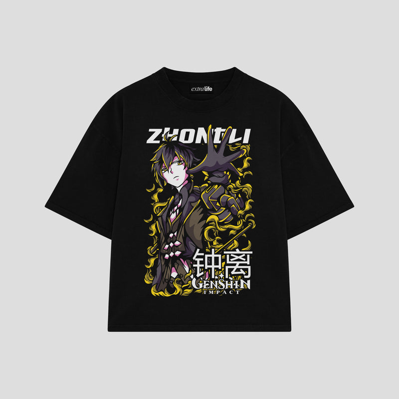 Playera streetwear premium de anime y gaming ExtraLife MX, corte boxy oversized drop shoulder heavyweight en color Deep Black y Off-White, moda urbana mexicana de culto.