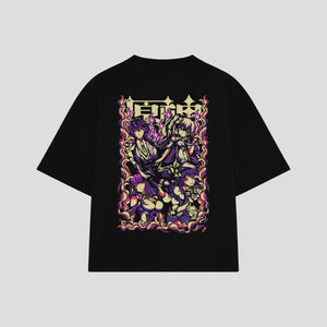 Playera streetwear premium de anime y gaming ExtraLife MX, corte boxy oversized drop shoulder heavyweight en color Deep Black y Off-White, moda urbana mexicana de culto.