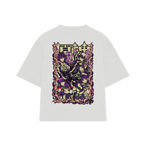 Playera streetwear premium de anime y gaming ExtraLife MX, corte boxy oversized drop shoulder heavyweight en color Deep Black y Off-White, moda urbana mexicana de culto.