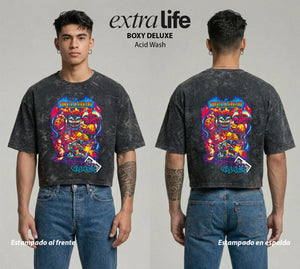 Playera streetwear premium de anime y gaming ExtraLife MX, corte boxy deluxe mineral wash heavyweight en color Acid Wash, moda urbana mexicana de culto.