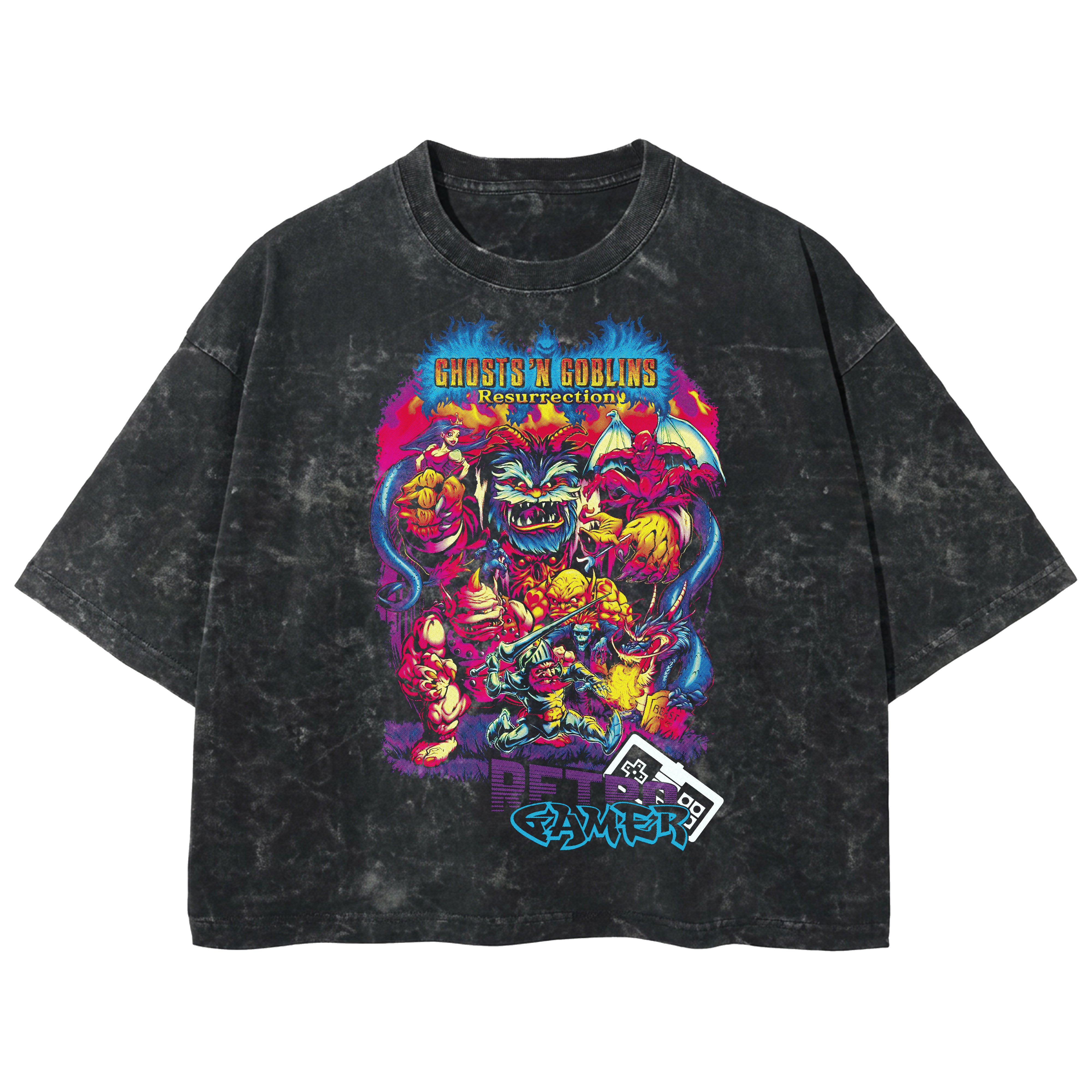 Playera streetwear premium de anime y gaming ExtraLife MX, corte boxy deluxe mineral wash heavyweight en color Acid Wash, moda urbana mexicana de culto.
