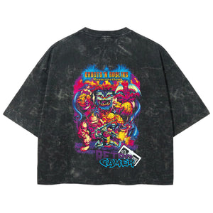 Playera streetwear premium de anime y gaming ExtraLife MX, corte boxy deluxe mineral wash heavyweight en color Acid Wash, moda urbana mexicana de culto.