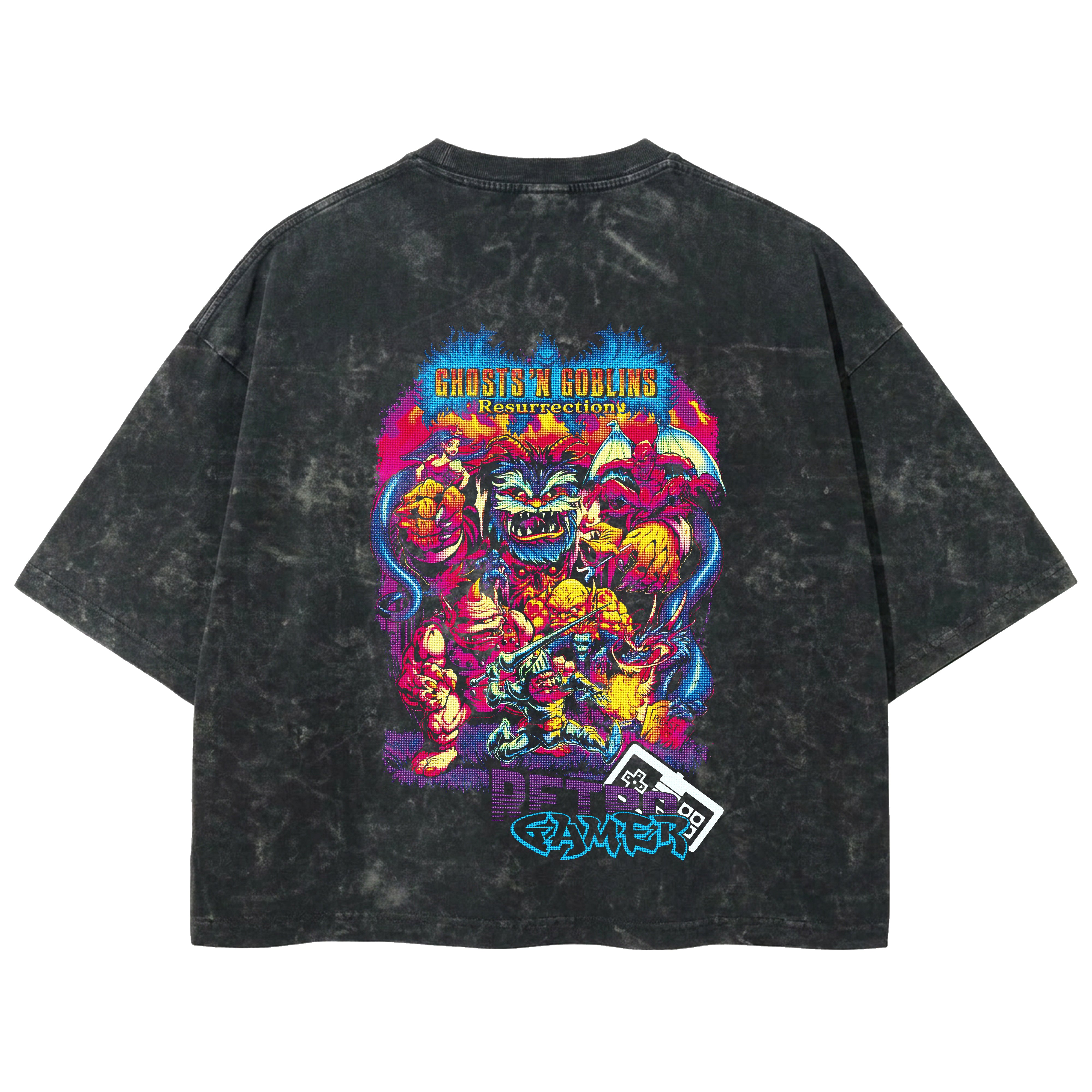 Playera streetwear premium de anime y gaming ExtraLife MX, corte boxy deluxe mineral wash heavyweight en color Acid Wash, moda urbana mexicana de culto.