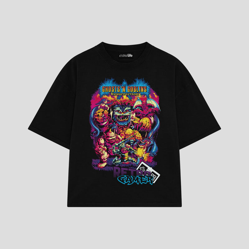 Playera streetwear premium de anime y gaming ExtraLife MX, corte boxy oversized drop shoulder heavyweight en color Deep Black y Off-White, moda urbana mexicana de culto.