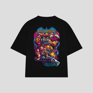 Playera streetwear premium de anime y gaming ExtraLife MX, corte boxy oversized drop shoulder heavyweight en color Deep Black y Off-White, moda urbana mexicana de culto.