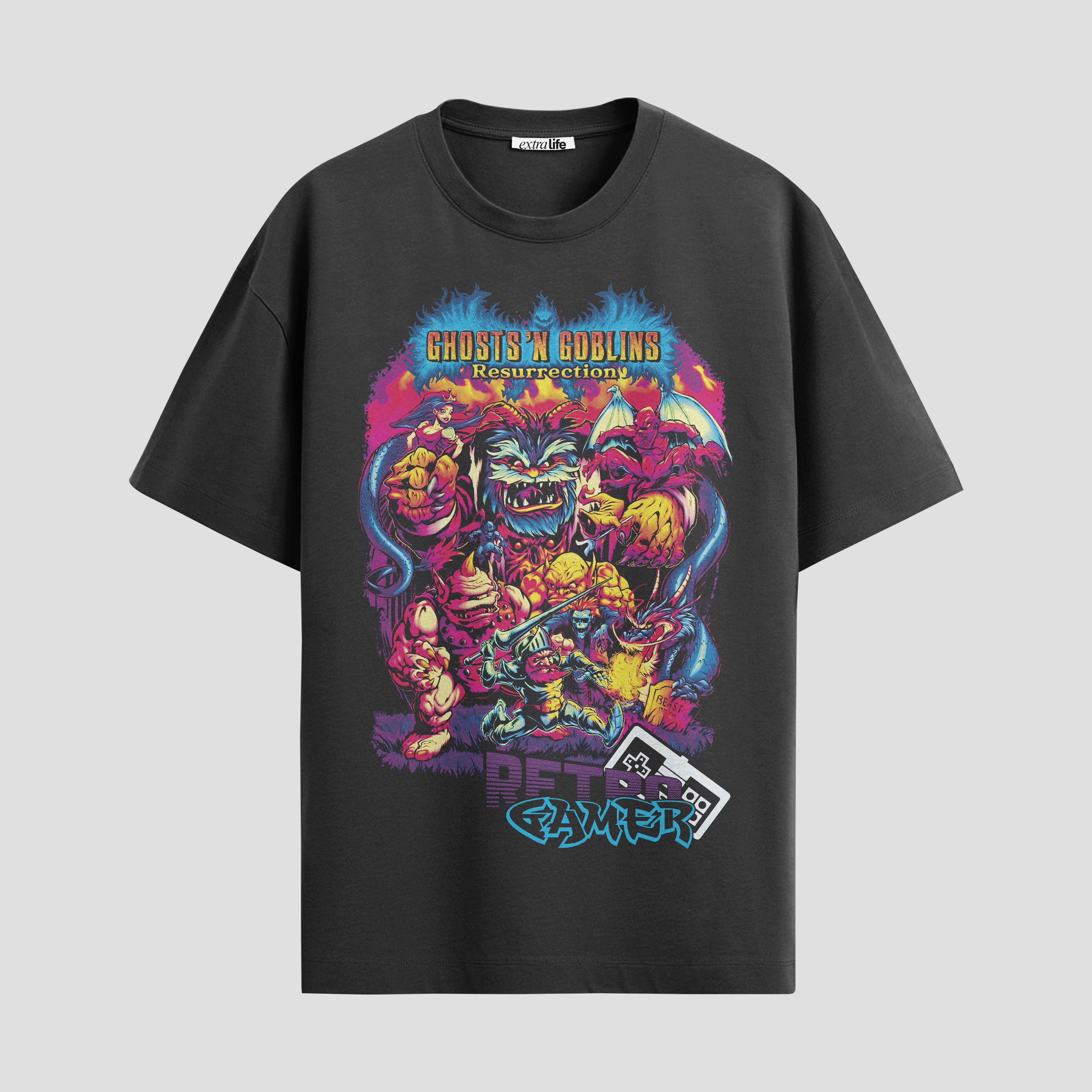 Playera urbana de anime y gaming ExtraLife MX, corte Standard Fit unisex ligero y transpirable en color Deep Black y Pure White, ropa de uso diario para gym y casual.