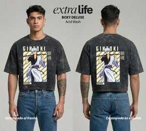 Playera streetwear premium de anime y gaming ExtraLife MX, corte boxy deluxe mineral wash heavyweight en color Acid Wash, moda urbana mexicana de culto.
