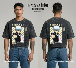 Playera streetwear premium de anime y gaming ExtraLife MX, corte boxy deluxe mineral wash heavyweight en color Acid Wash, moda urbana mexicana de culto.