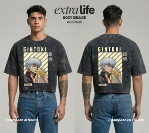 Playera streetwear premium de anime y gaming ExtraLife MX, corte boxy deluxe mineral wash heavyweight en color Acid Wash, moda urbana mexicana de culto.