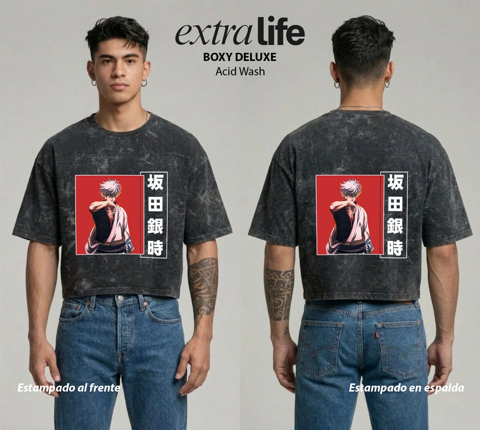 Playera streetwear premium de anime y gaming ExtraLife MX, corte boxy deluxe mineral wash heavyweight en color Acid Wash, moda urbana mexicana de culto.