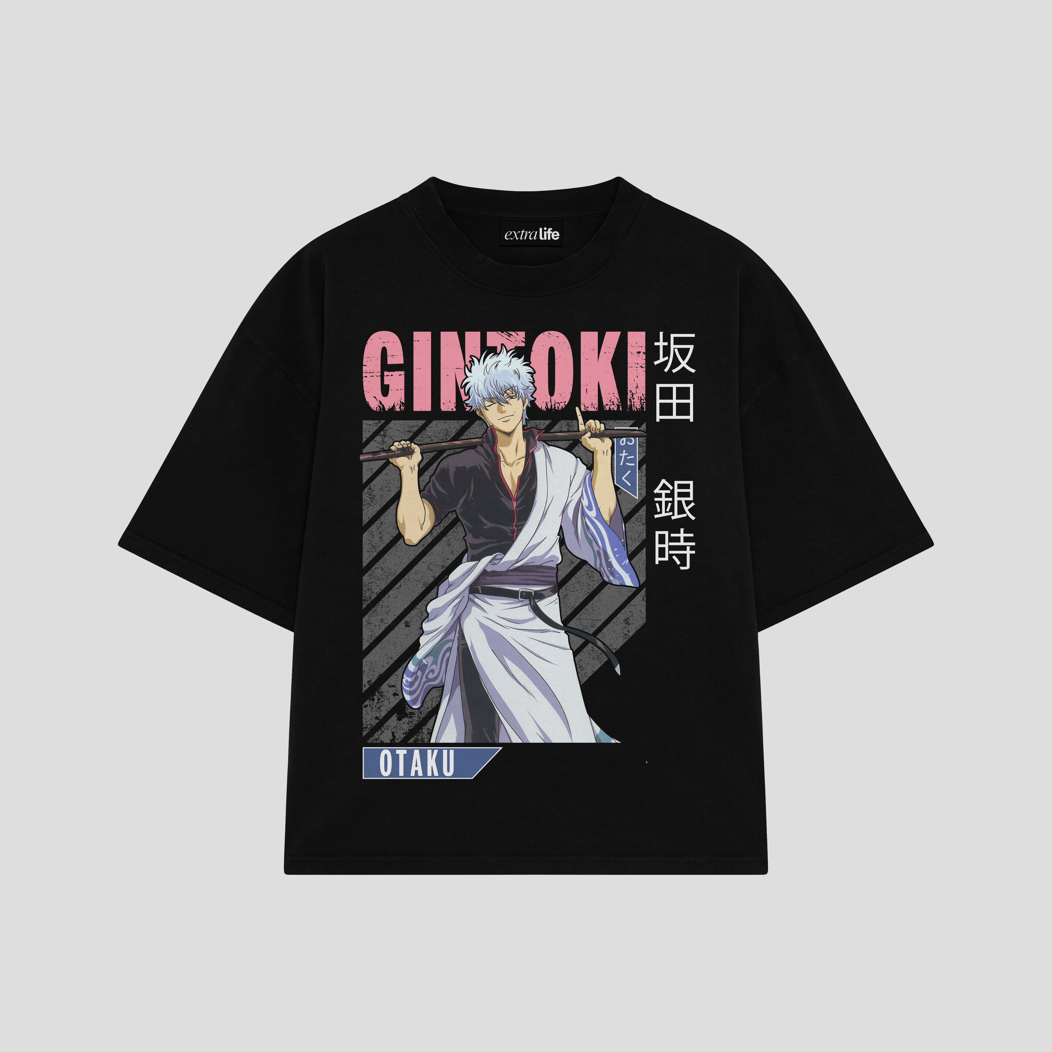 Playera streetwear premium de anime y gaming ExtraLife MX, corte boxy oversized drop shoulder heavyweight en color Deep Black y Off-White, moda urbana mexicana de culto.