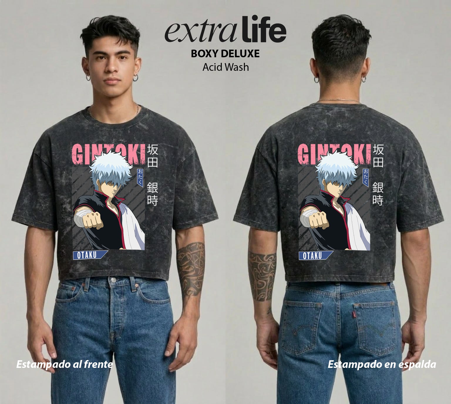 Playera streetwear premium de anime y gaming ExtraLife MX, corte boxy deluxe mineral wash heavyweight en color Acid Wash, moda urbana mexicana de culto.