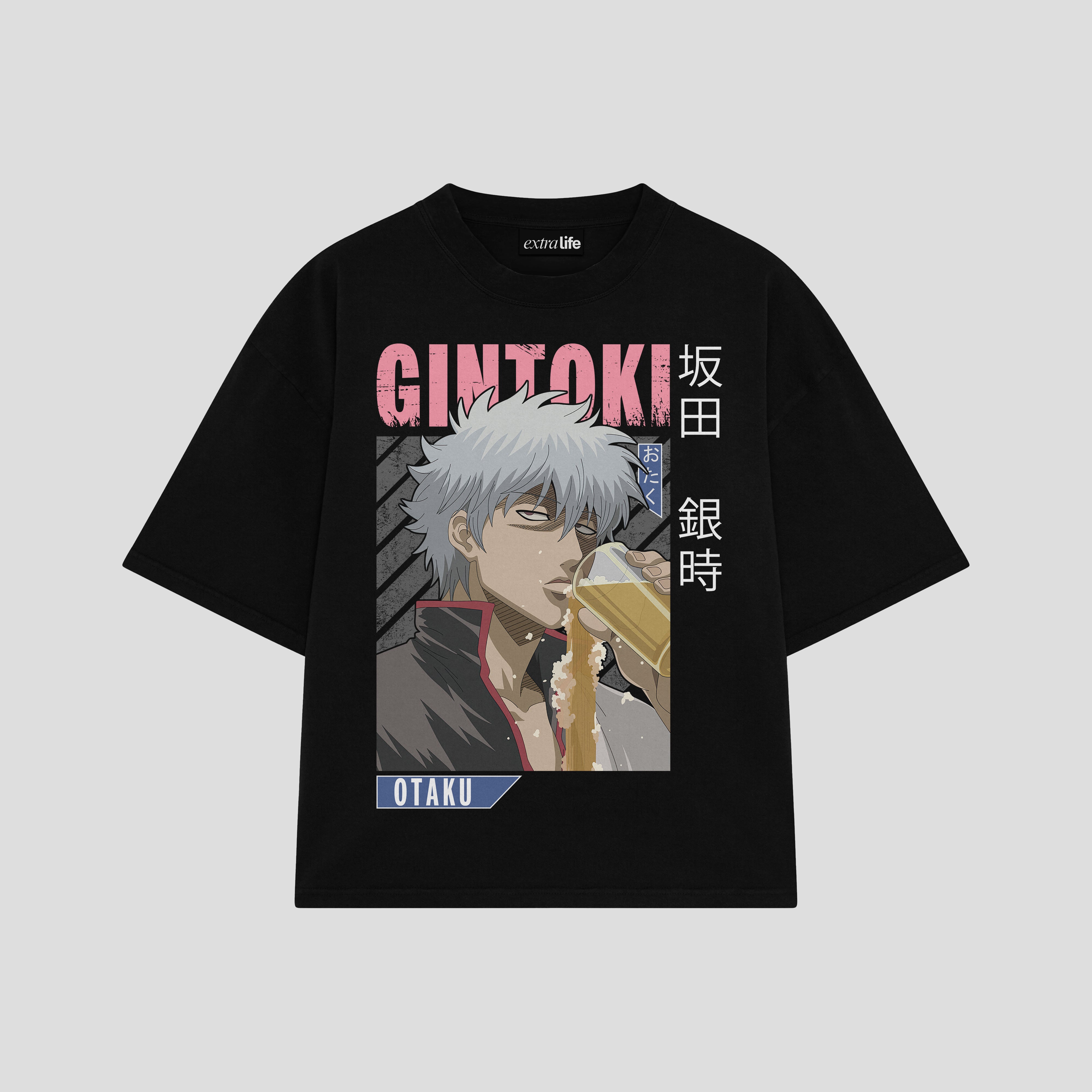 Playera streetwear premium de anime y gaming ExtraLife MX, corte boxy oversized drop shoulder heavyweight en color Deep Black y Off-White, moda urbana mexicana de culto.