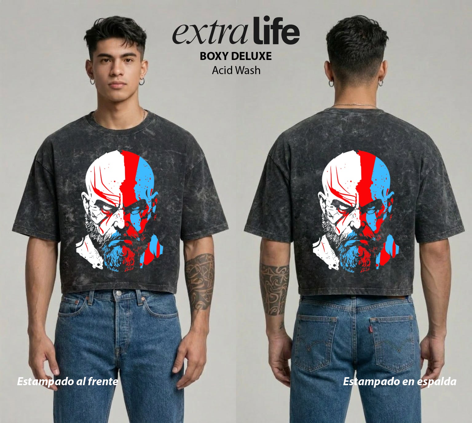 Playera streetwear premium de anime y gaming ExtraLife MX, corte boxy deluxe mineral wash heavyweight en color Acid Wash, moda urbana mexicana de culto.