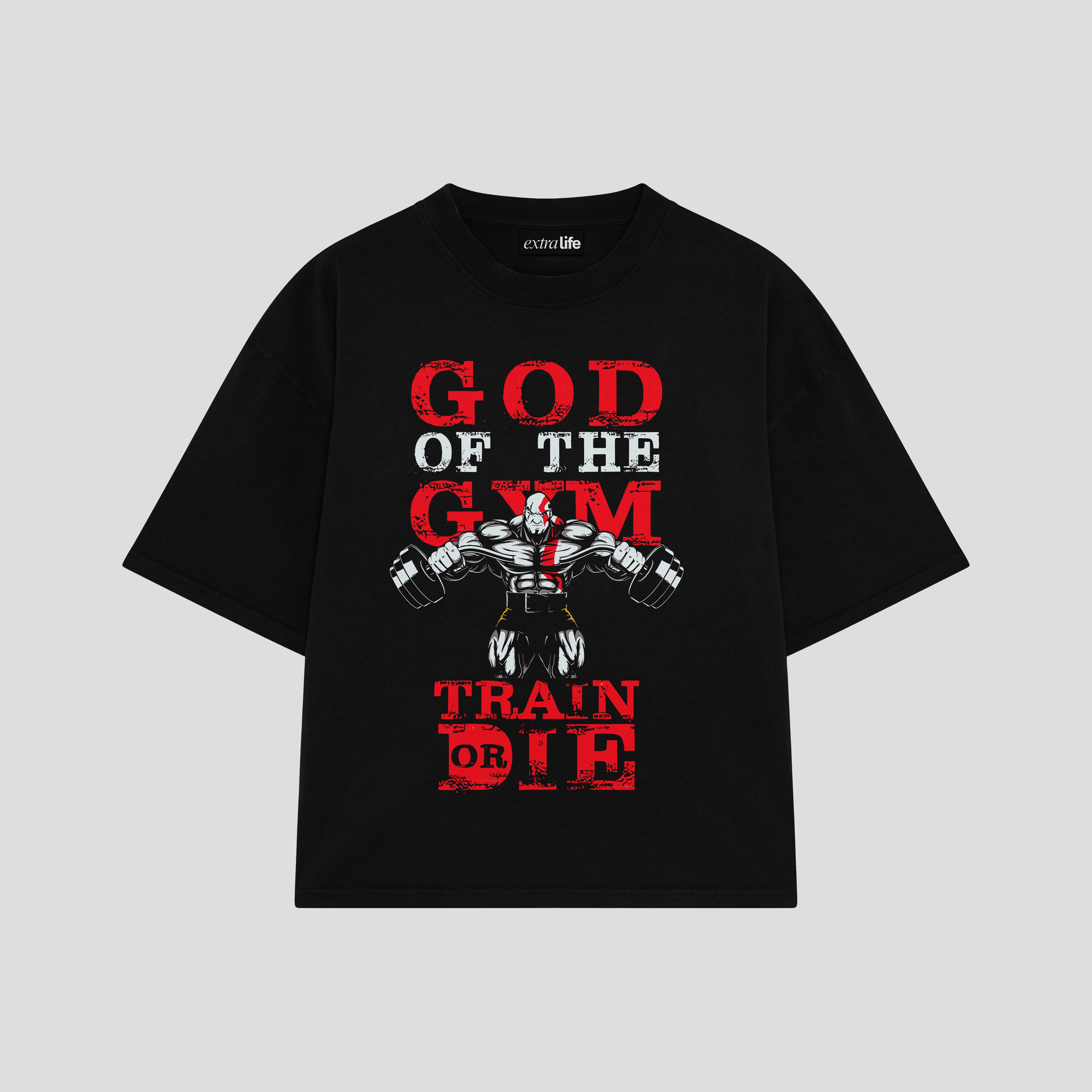 Playera streetwear premium de anime y gaming ExtraLife MX, corte boxy oversized drop shoulder heavyweight en color Deep Black y Off-White, moda urbana mexicana de culto.