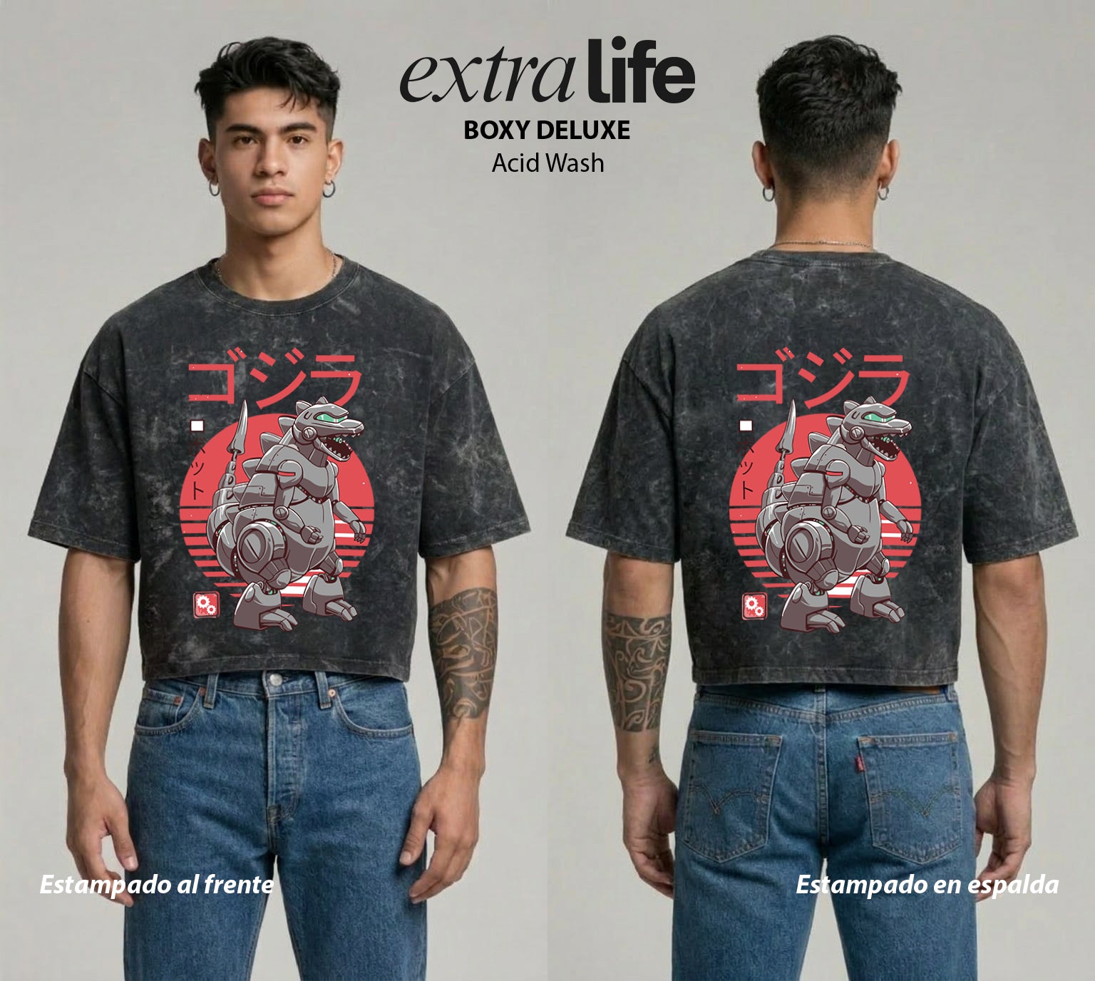 Playera streetwear premium de anime y gaming ExtraLife MX, corte boxy deluxe mineral wash heavyweight en color Acid Wash, moda urbana mexicana de culto.