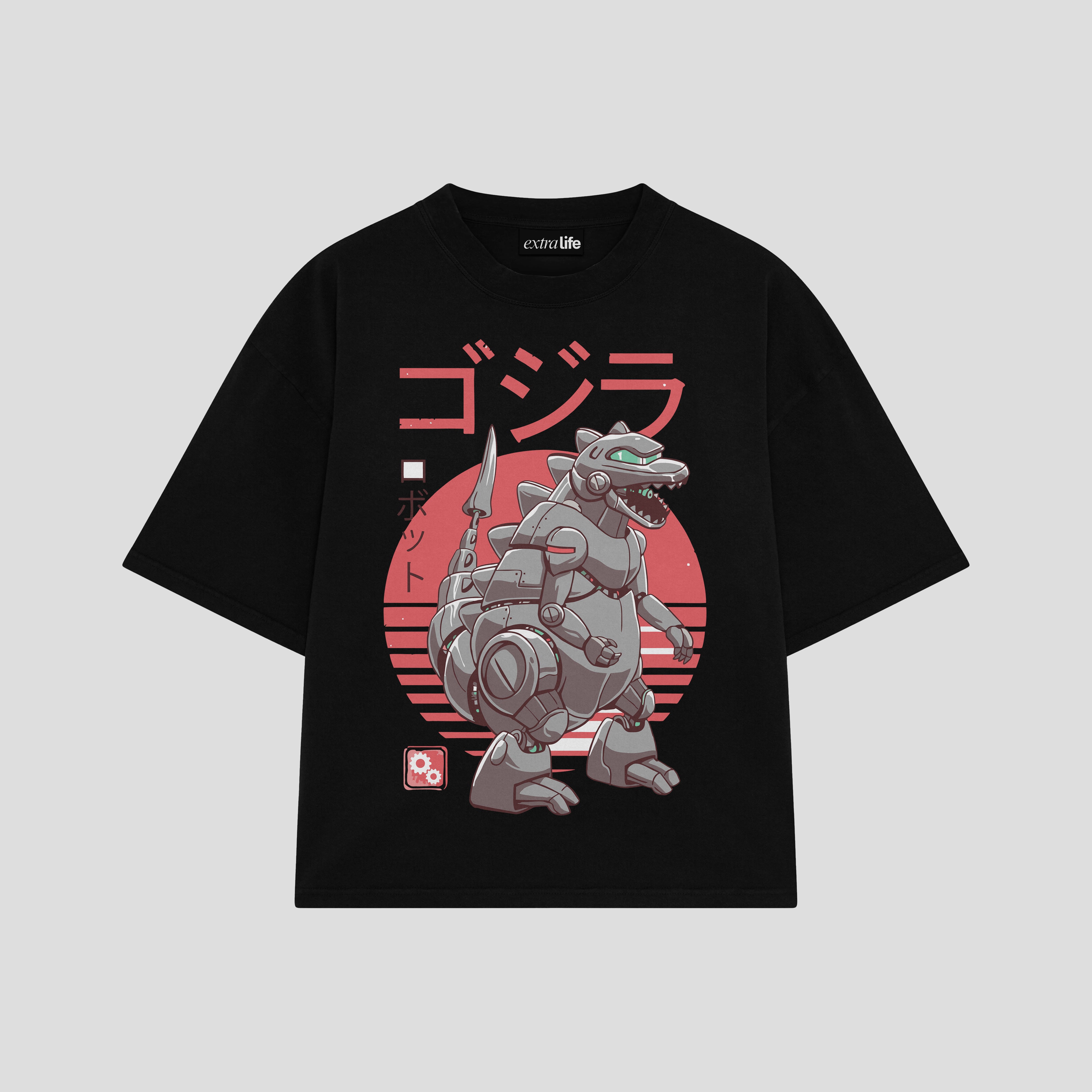 Playera streetwear premium de anime y gaming ExtraLife MX, corte boxy oversized drop shoulder heavyweight en color Deep Black y Off-White, moda urbana mexicana de culto.
