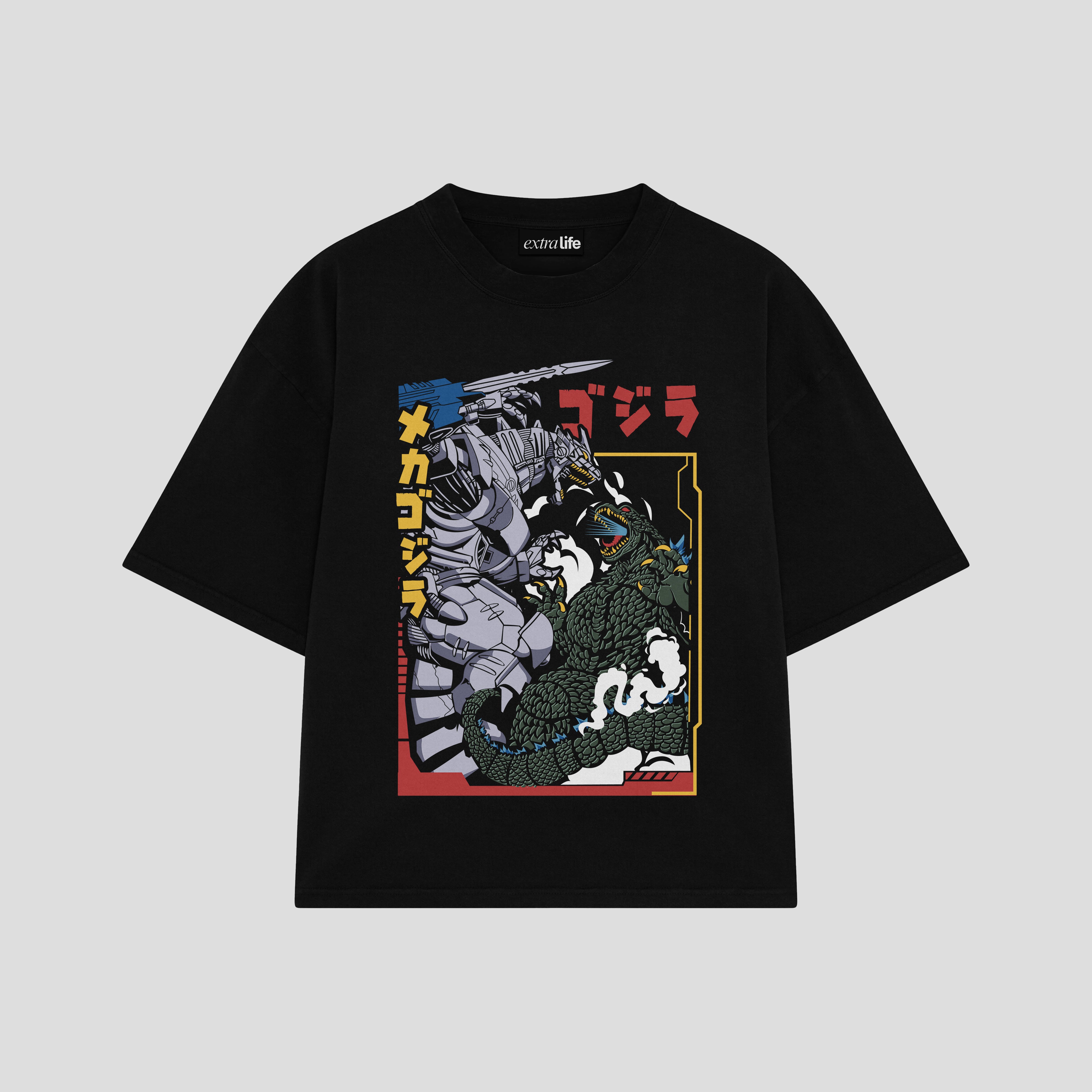 Playera streetwear premium de anime y gaming ExtraLife MX, corte boxy oversized drop shoulder heavyweight en color Deep Black y Off-White, moda urbana mexicana de culto.