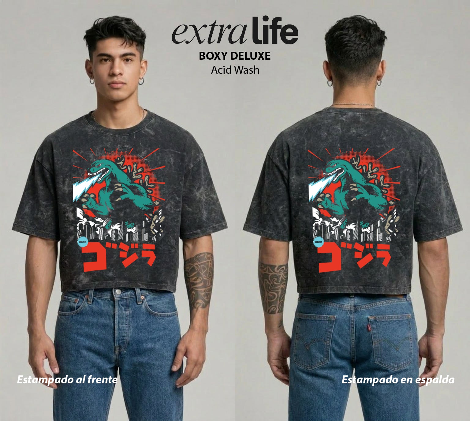 Playera streetwear premium de anime y gaming ExtraLife MX, corte boxy deluxe mineral wash heavyweight en color Acid Wash, moda urbana mexicana de culto.