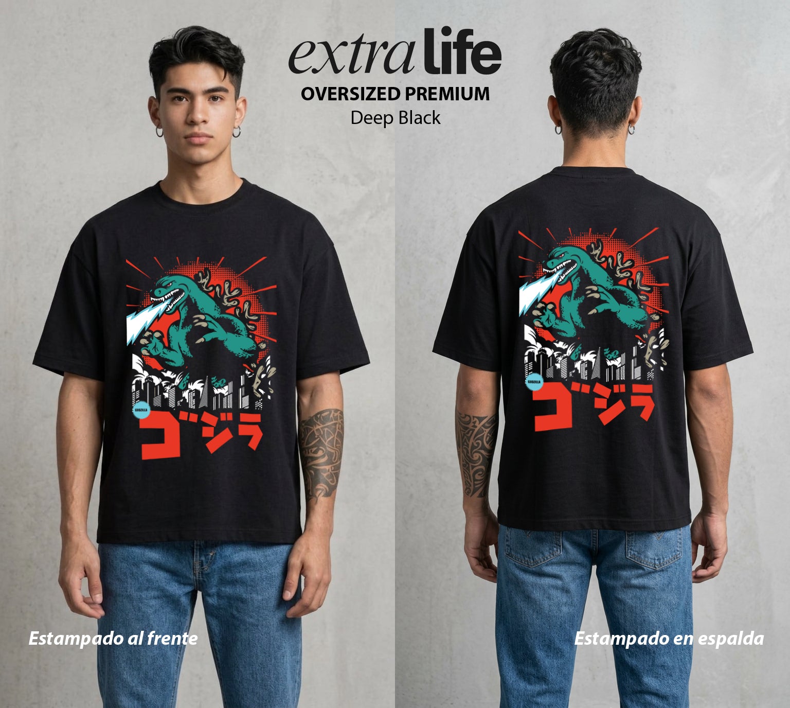 El Rey de los Monstruos | El Kaiju del Bien #01544 - Playera Oversized Premium | Deep Black - Foto en modelo