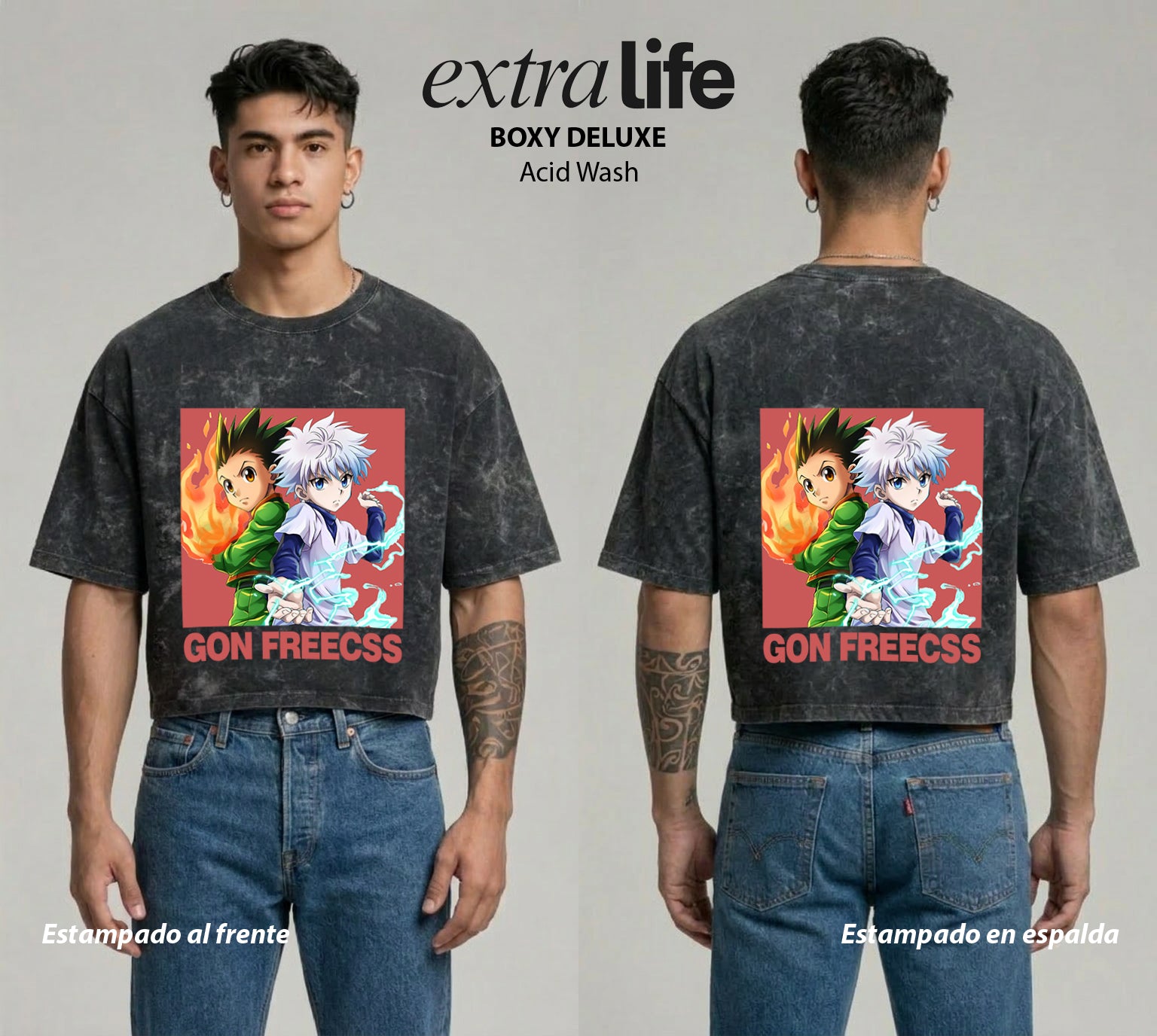Playera streetwear premium de anime y gaming ExtraLife MX, corte boxy deluxe mineral wash heavyweight en color Acid Wash, moda urbana mexicana de culto.
