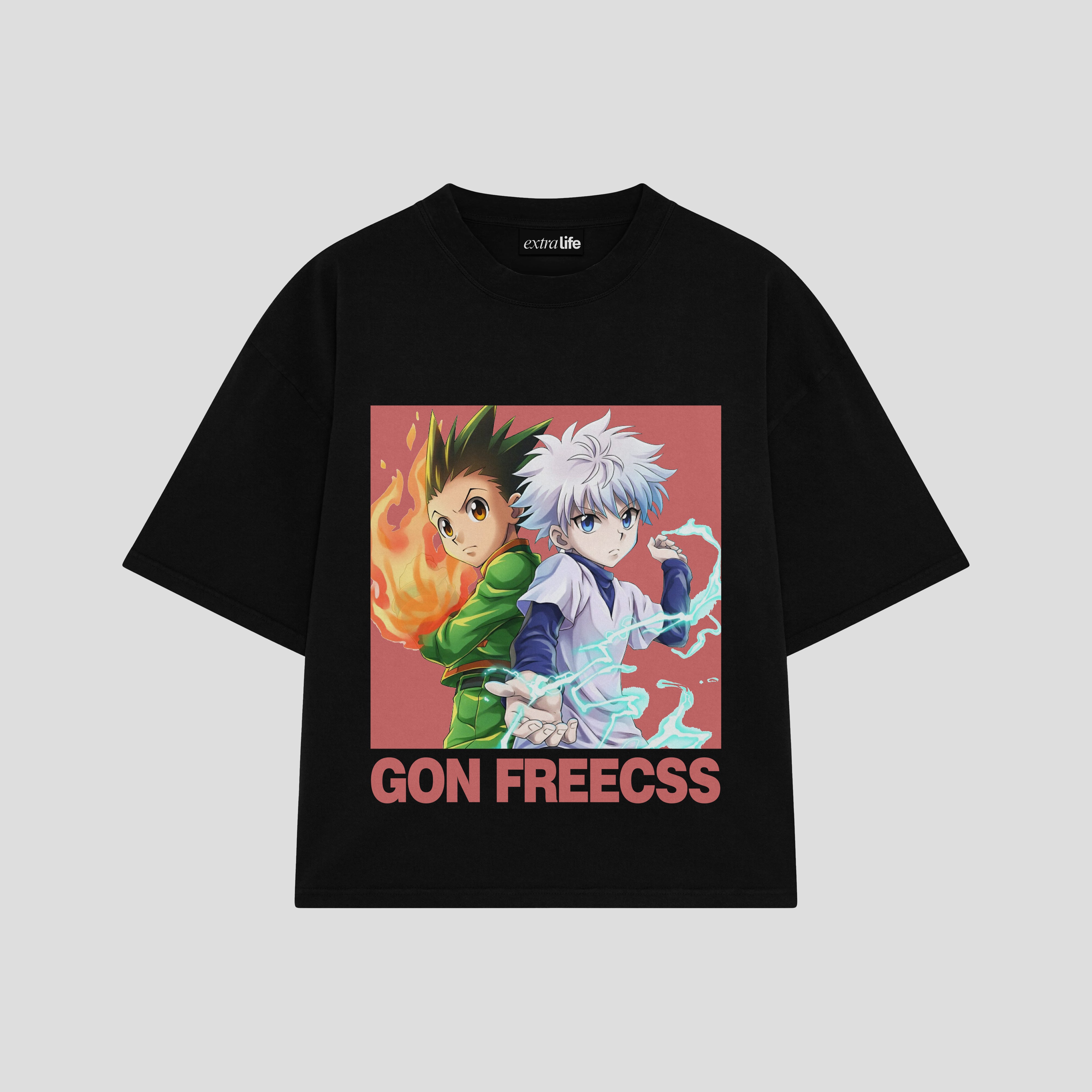 Playera streetwear premium de anime y gaming ExtraLife MX, corte boxy oversized drop shoulder heavyweight en color Deep Black y Off-White, moda urbana mexicana de culto.