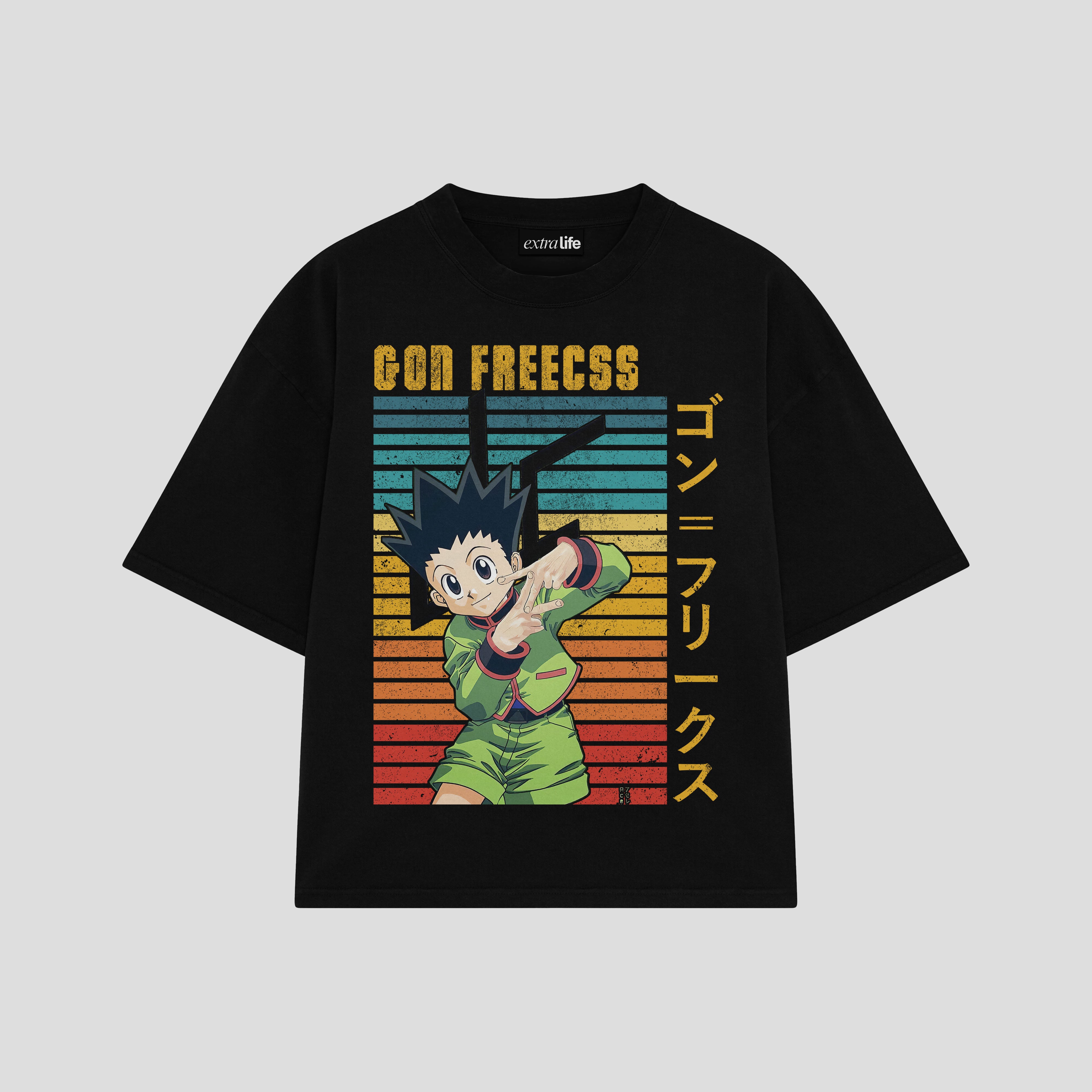 Playera streetwear premium de anime y gaming ExtraLife MX, corte boxy oversized drop shoulder heavyweight en color Deep Black y Off-White, moda urbana mexicana de culto.