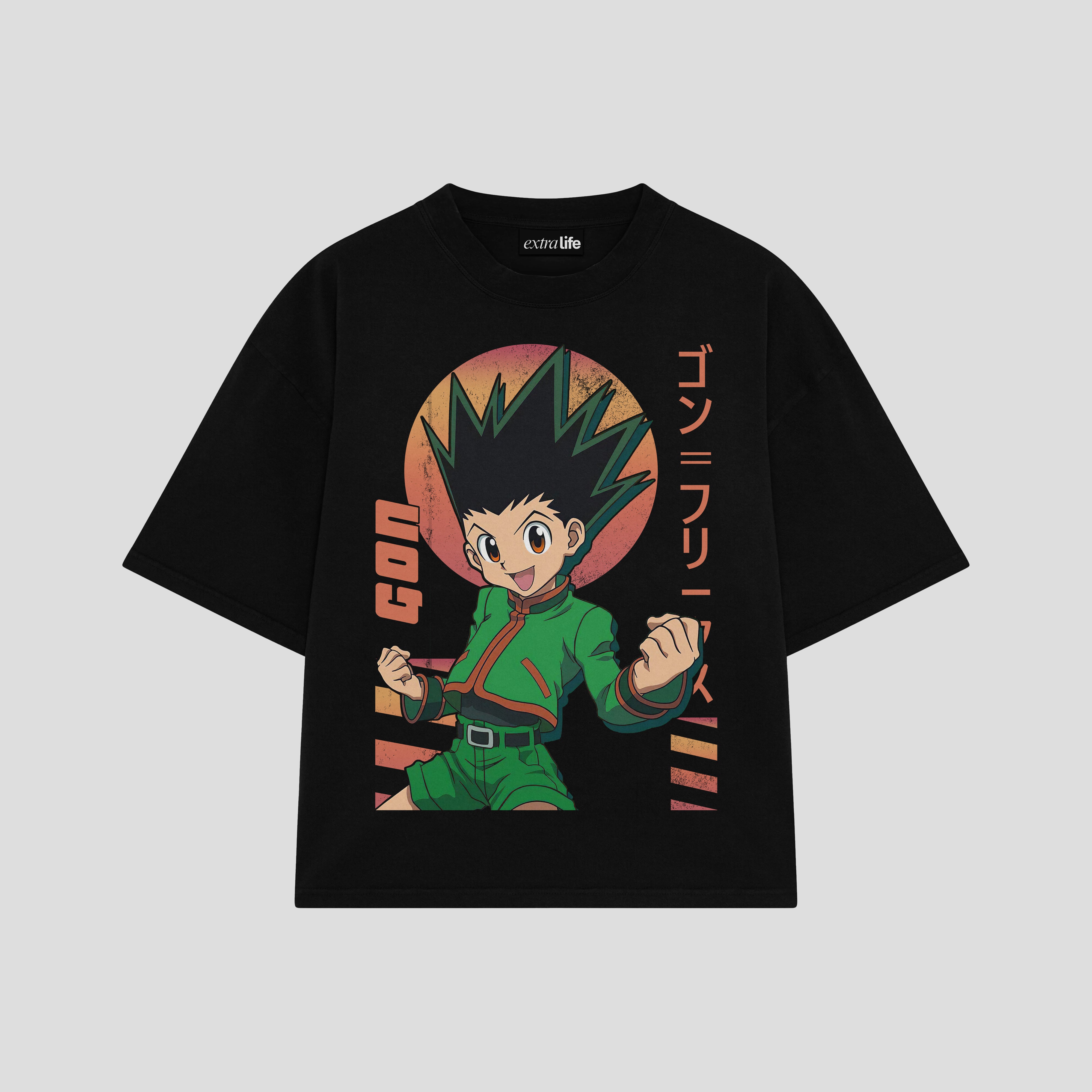 Playera streetwear premium de anime y gaming ExtraLife MX, corte boxy oversized drop shoulder heavyweight en color Deep Black y Off-White, moda urbana mexicana de culto.