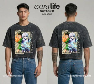 Playera streetwear premium de anime y gaming ExtraLife MX, corte boxy deluxe mineral wash heavyweight en color Acid Wash, moda urbana mexicana de culto.