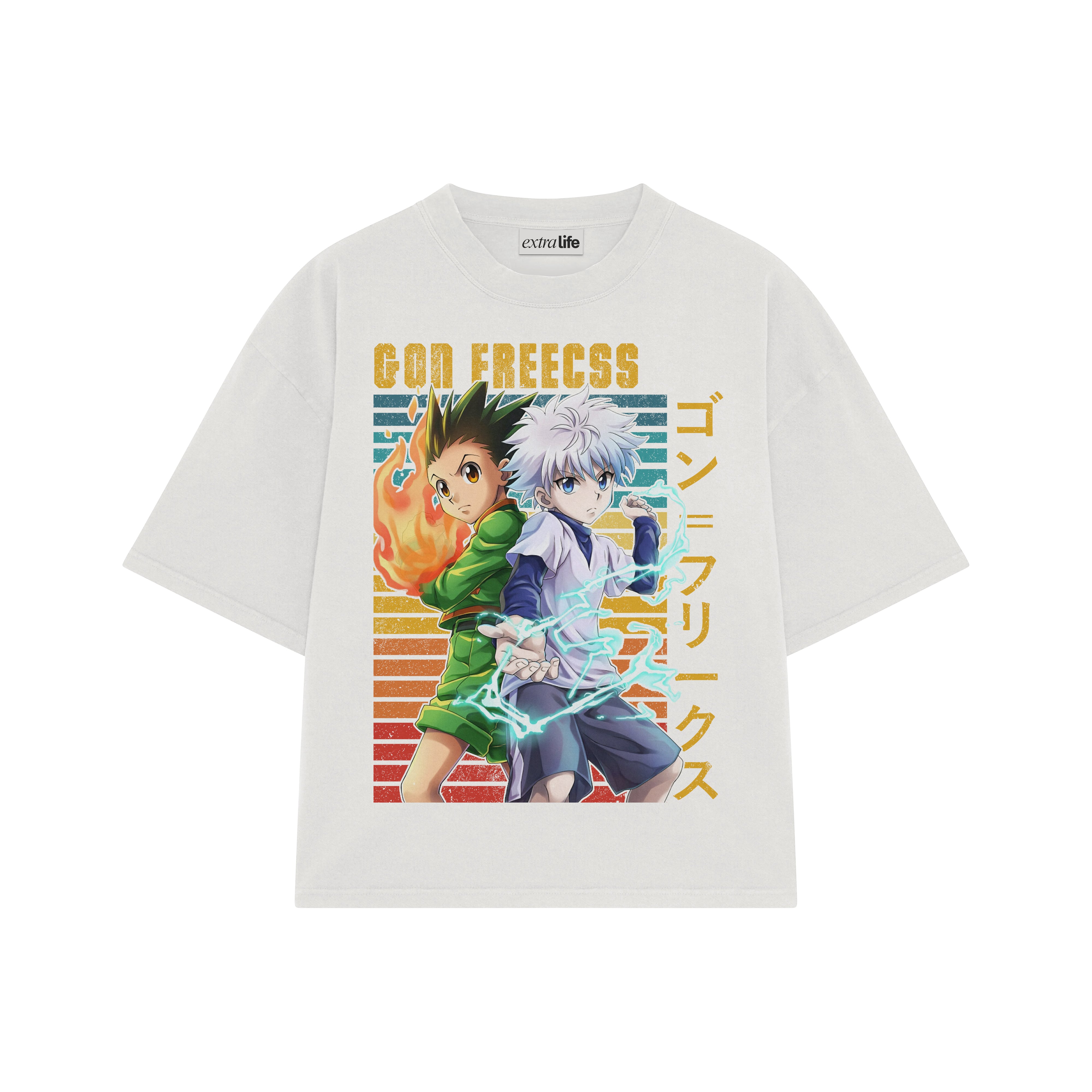 Playera streetwear premium de anime y gaming ExtraLife MX, corte boxy oversized drop shoulder heavyweight en color Deep Black y Off-White, moda urbana mexicana de culto.
