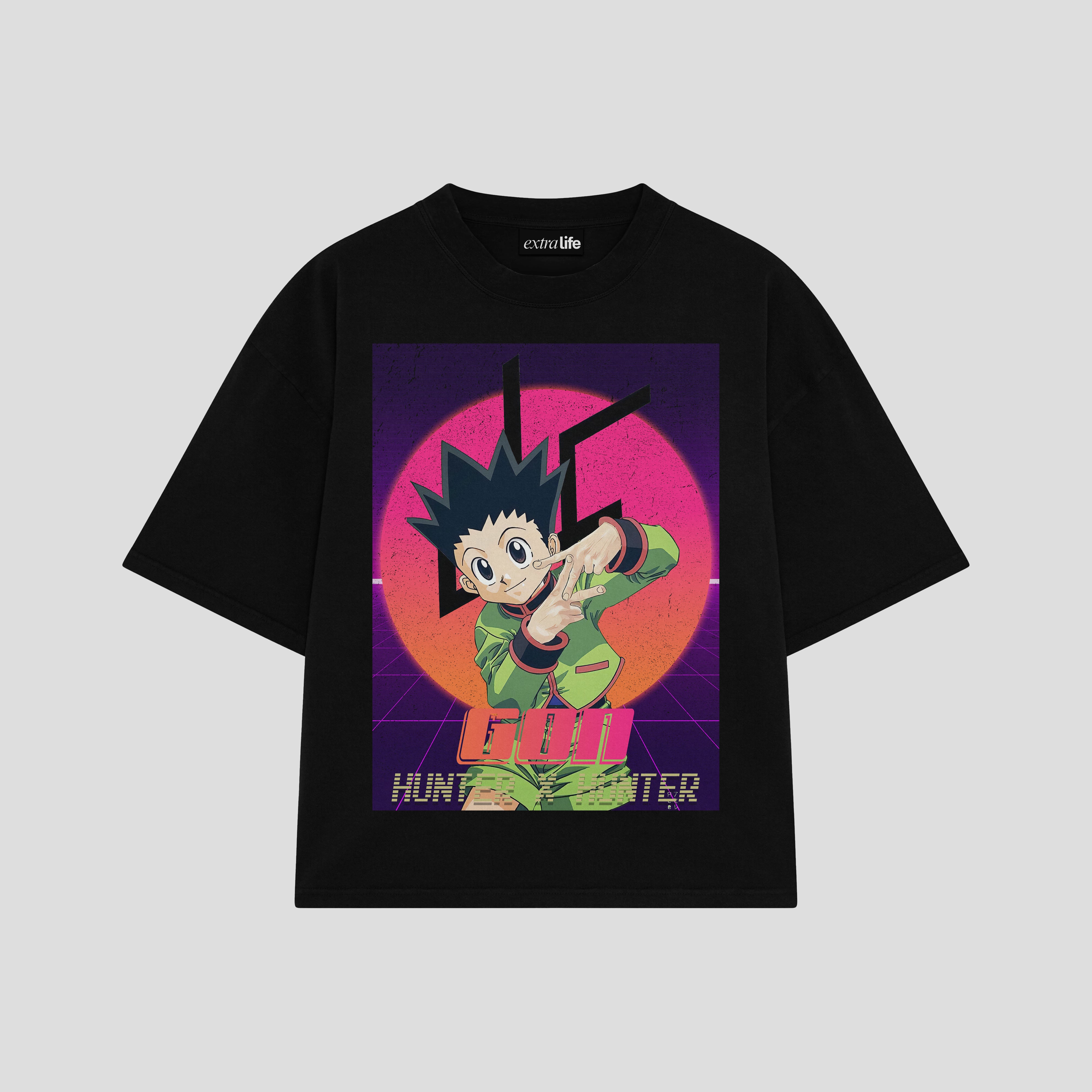 Playera streetwear premium de anime y gaming ExtraLife MX, corte boxy oversized drop shoulder heavyweight en color Deep Black y Off-White, moda urbana mexicana de culto.