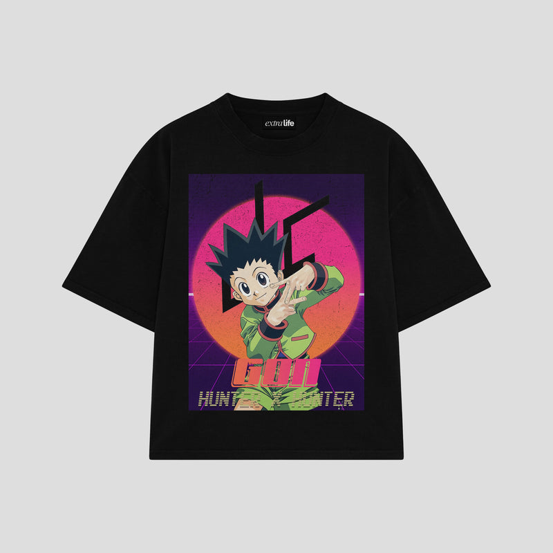 Playera streetwear premium de anime y gaming ExtraLife MX, corte boxy oversized drop shoulder heavyweight en color Deep Black y Off-White, moda urbana mexicana de culto.