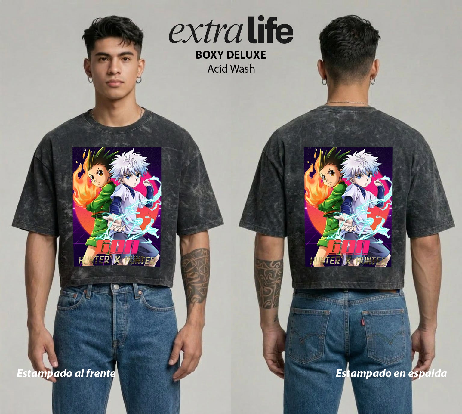 Playera streetwear premium de anime y gaming ExtraLife MX, corte boxy deluxe mineral wash heavyweight en color Acid Wash, moda urbana mexicana de culto.