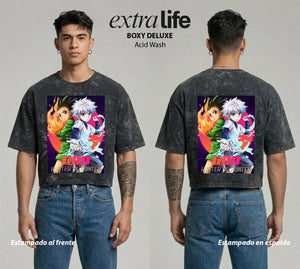 Playera streetwear premium de anime y gaming ExtraLife MX, corte boxy deluxe mineral wash heavyweight en color Acid Wash, moda urbana mexicana de culto.
