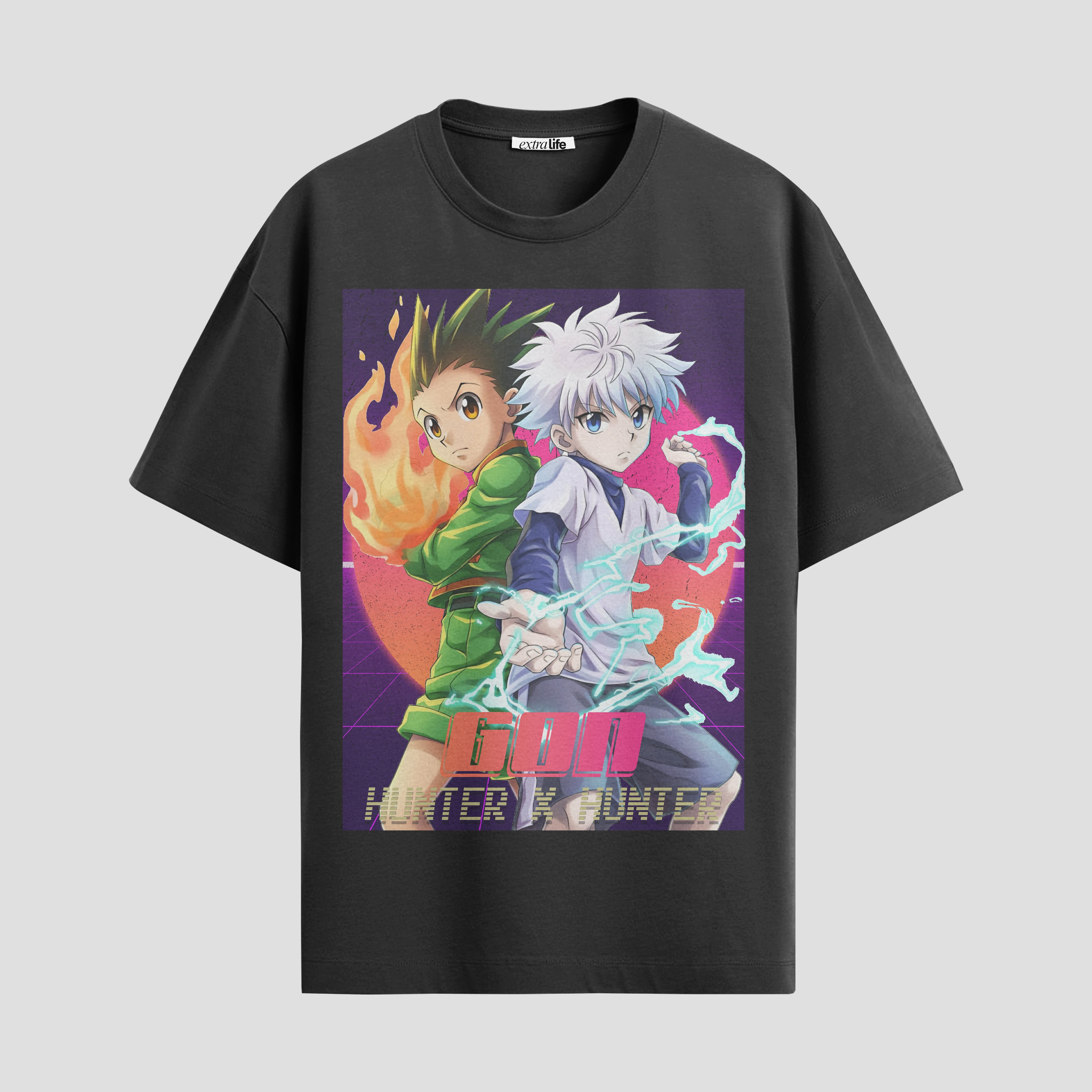 Playera urbana de anime y gaming ExtraLife MX, corte Standard Fit unisex ligero y transpirable en color Deep Black y Pure White, ropa de uso diario para gym y casual.