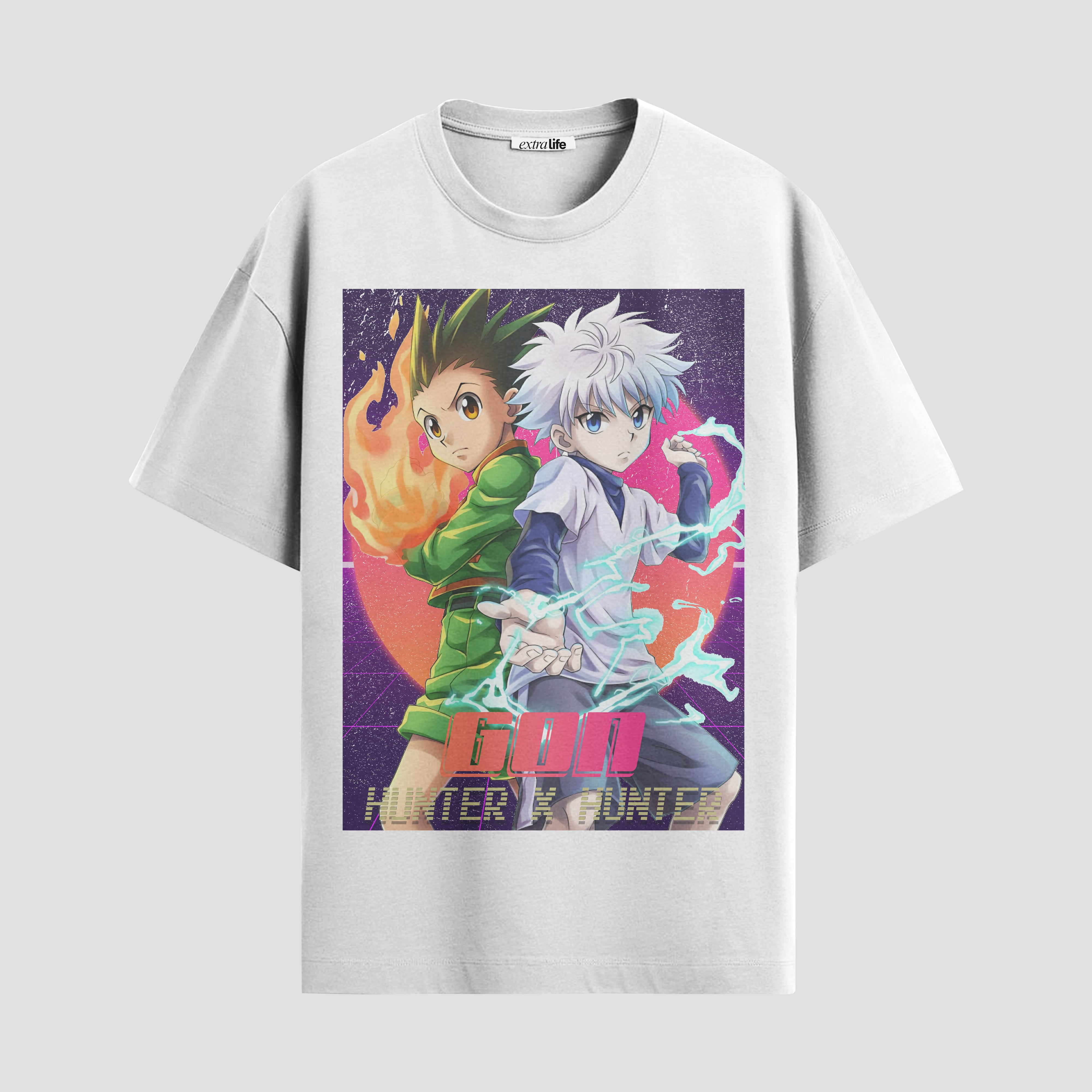 Playera urbana de anime y gaming ExtraLife MX, corte Standard Fit unisex ligero y transpirable en color Deep Black y Pure White, ropa de uso diario para gym y casual.