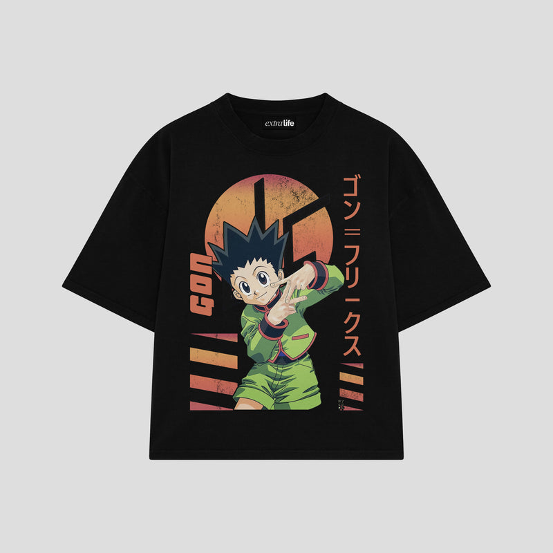 Playera streetwear premium de anime y gaming ExtraLife MX, corte boxy oversized drop shoulder heavyweight en color Deep Black y Off-White, moda urbana mexicana de culto.