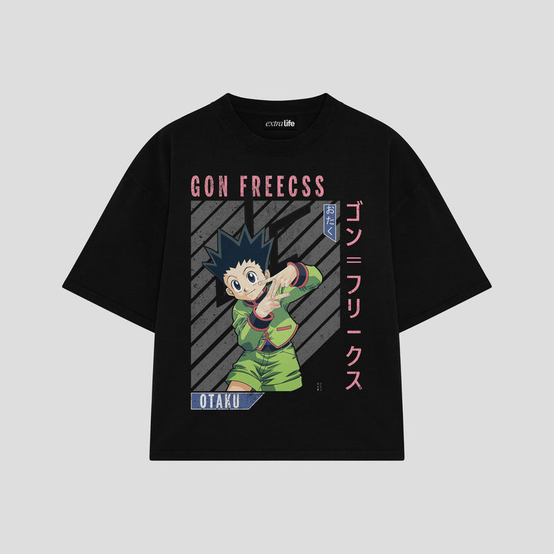 Playera streetwear premium de anime y gaming ExtraLife MX, corte boxy oversized drop shoulder heavyweight en color Deep Black y Off-White, moda urbana mexicana de culto.