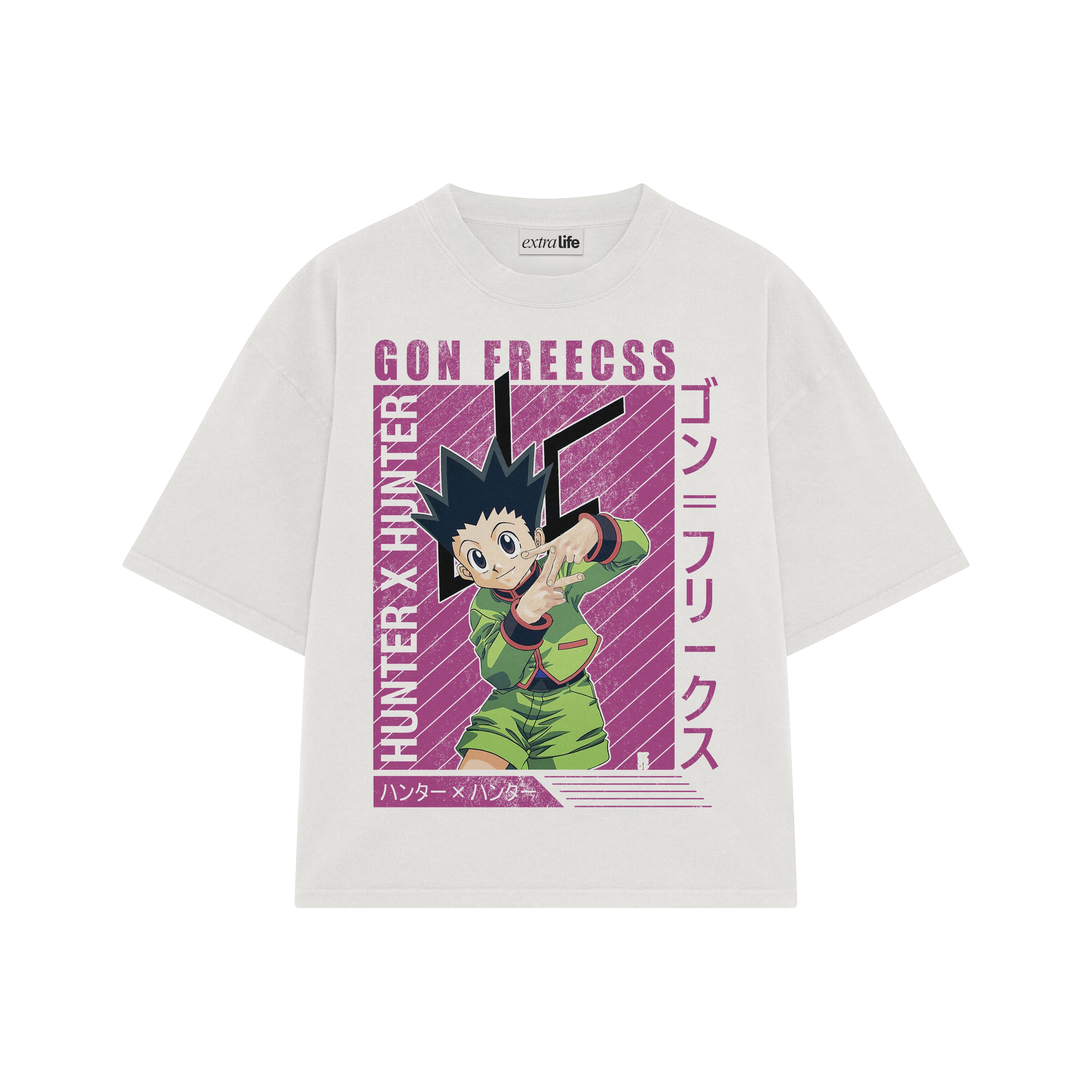 Playera streetwear premium de anime y gaming ExtraLife MX, corte boxy oversized drop shoulder heavyweight en color Deep Black y Off-White, moda urbana mexicana de culto.