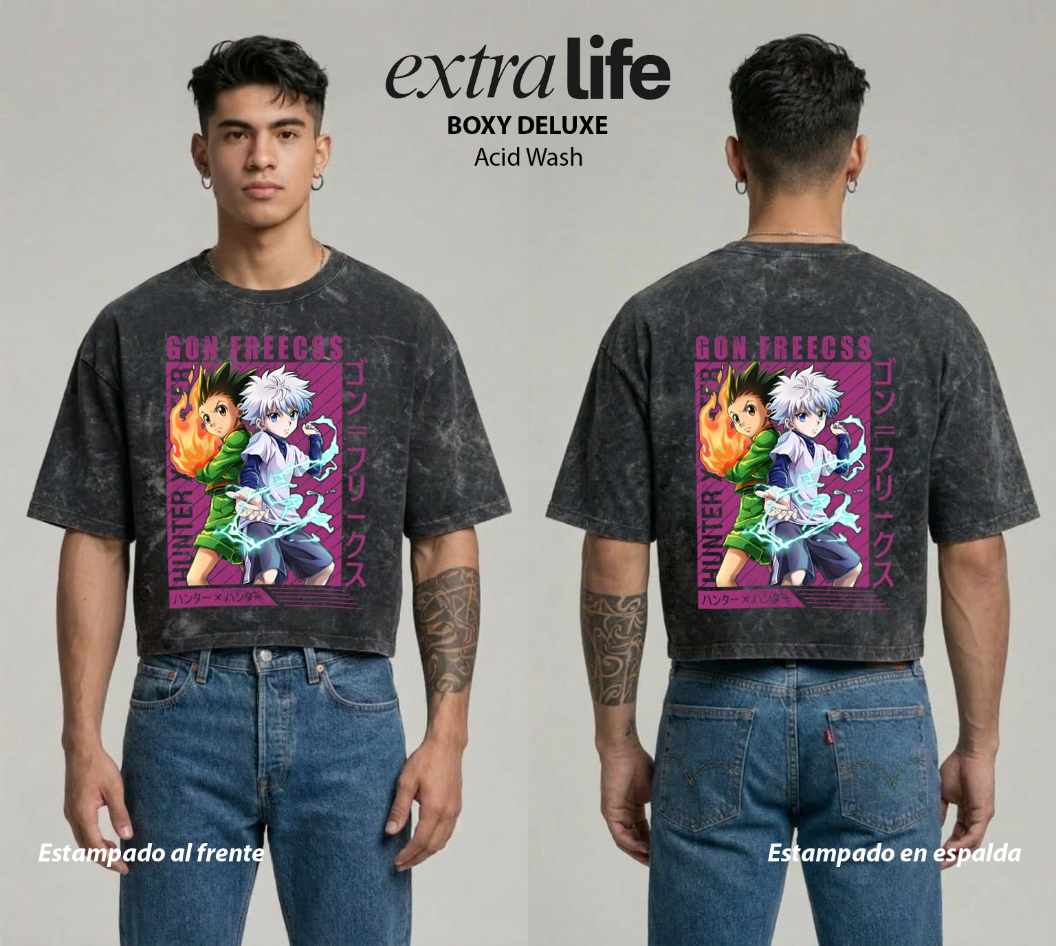Playera streetwear premium de anime y gaming ExtraLife MX, corte boxy deluxe mineral wash heavyweight en color Acid Wash, moda urbana mexicana de culto.
