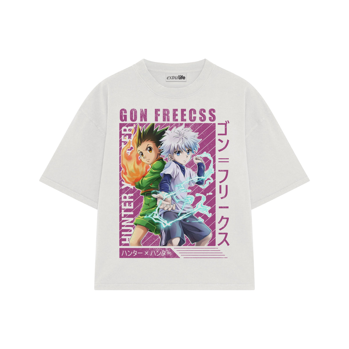 Playera streetwear premium de anime y gaming ExtraLife MX, corte oversized drop shoulder ligero y fresco en color Deep Black y Off-White, moda urbana mexicana de culto.