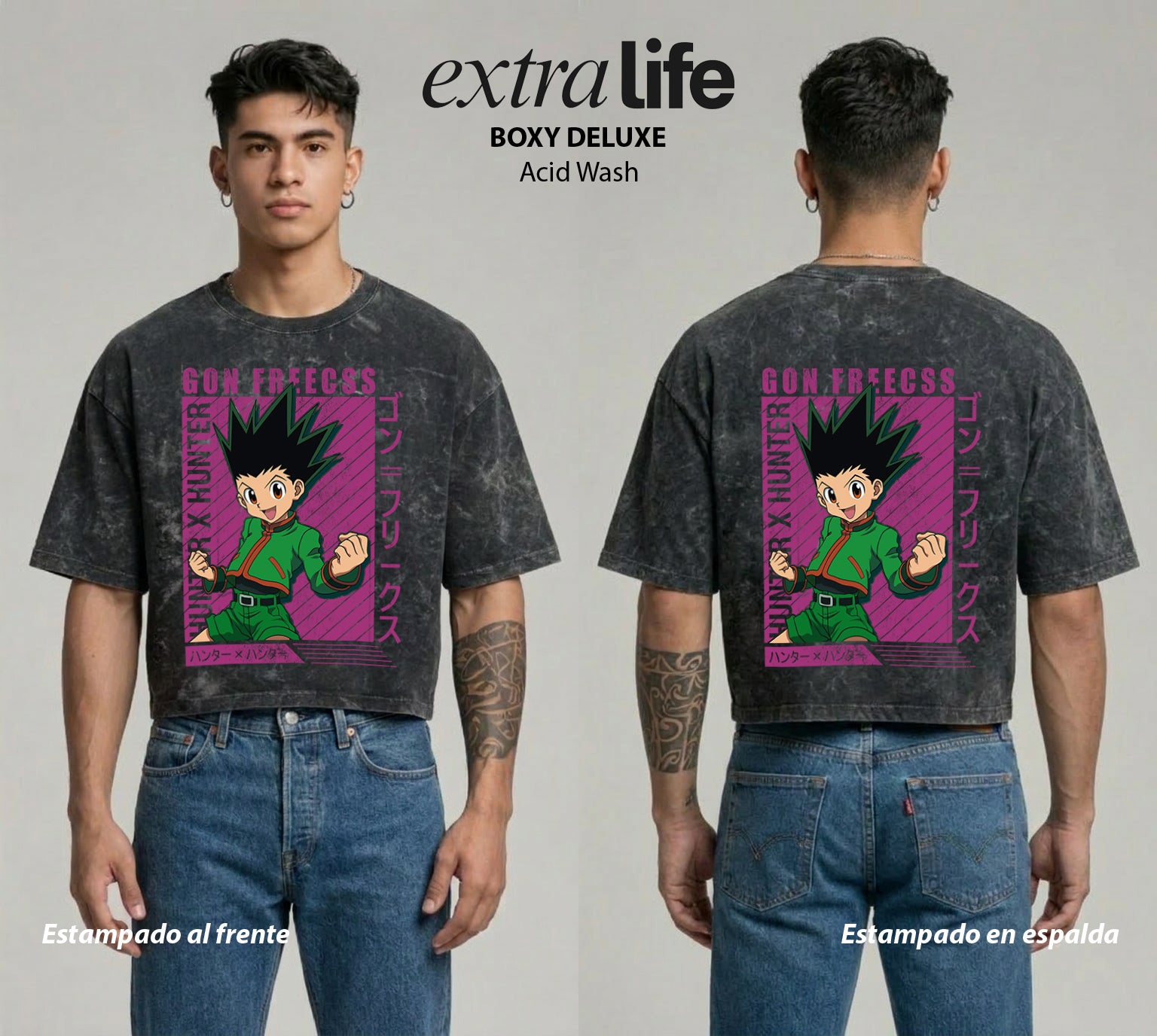 Playera streetwear premium de anime y gaming ExtraLife MX, corte boxy deluxe mineral wash heavyweight en color Acid Wash, moda urbana mexicana de culto.