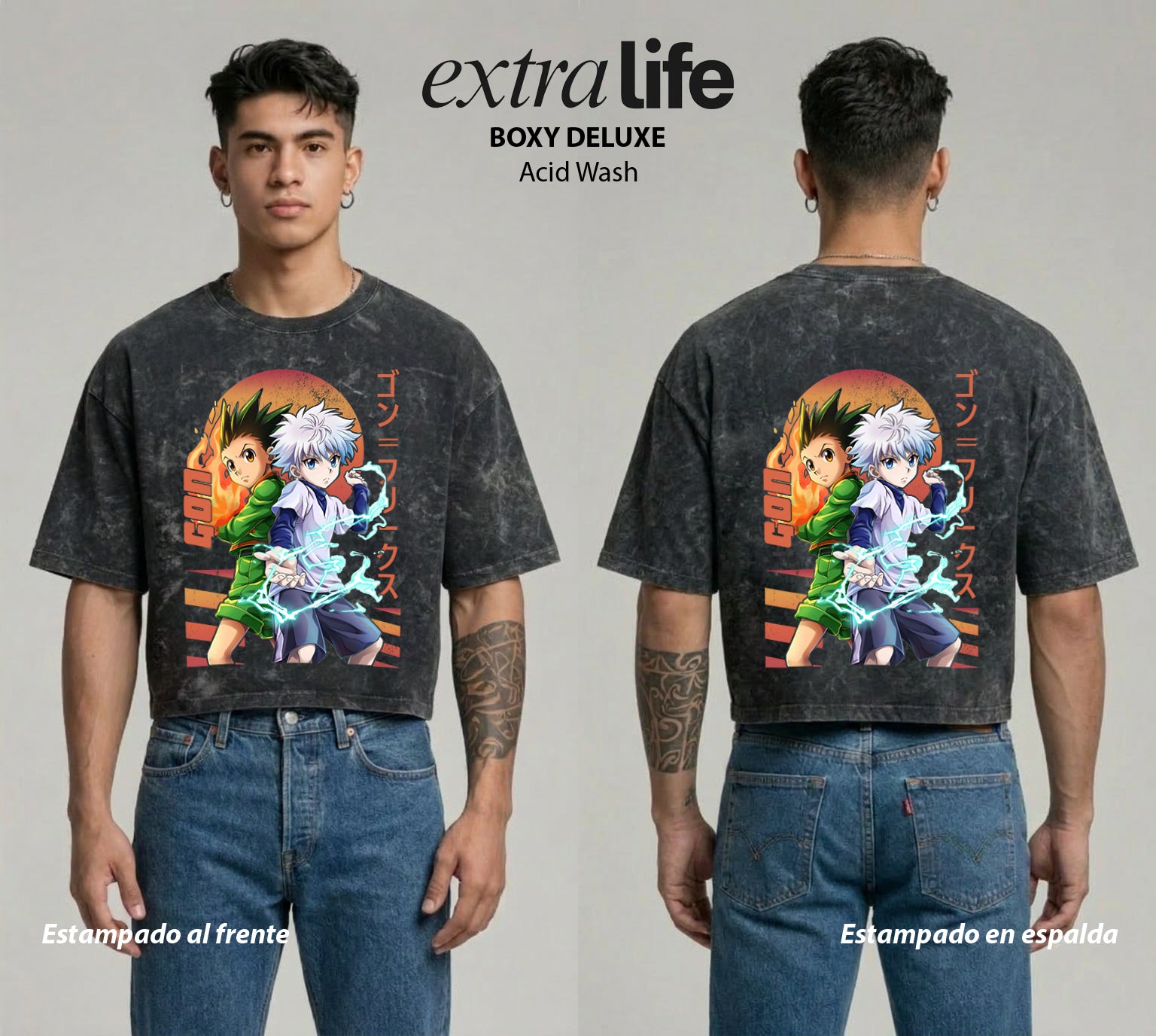 Playera streetwear premium de anime y gaming ExtraLife MX, corte boxy deluxe mineral wash heavyweight en color Acid Wash, moda urbana mexicana de culto.