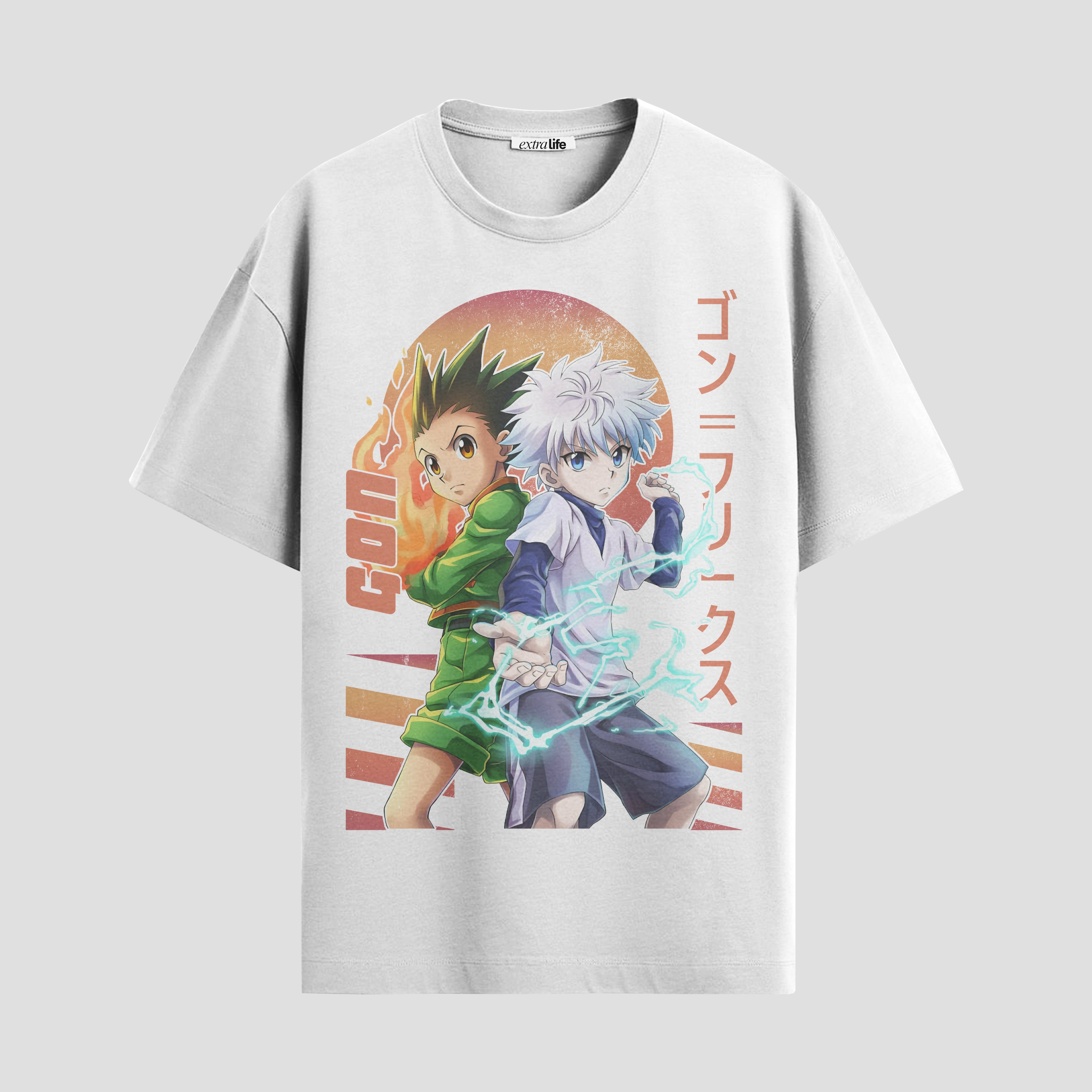 Playera urbana de anime y gaming ExtraLife MX, corte Standard Fit unisex ligero y transpirable en color Deep Black y Pure White, ropa de uso diario para gym y casual.